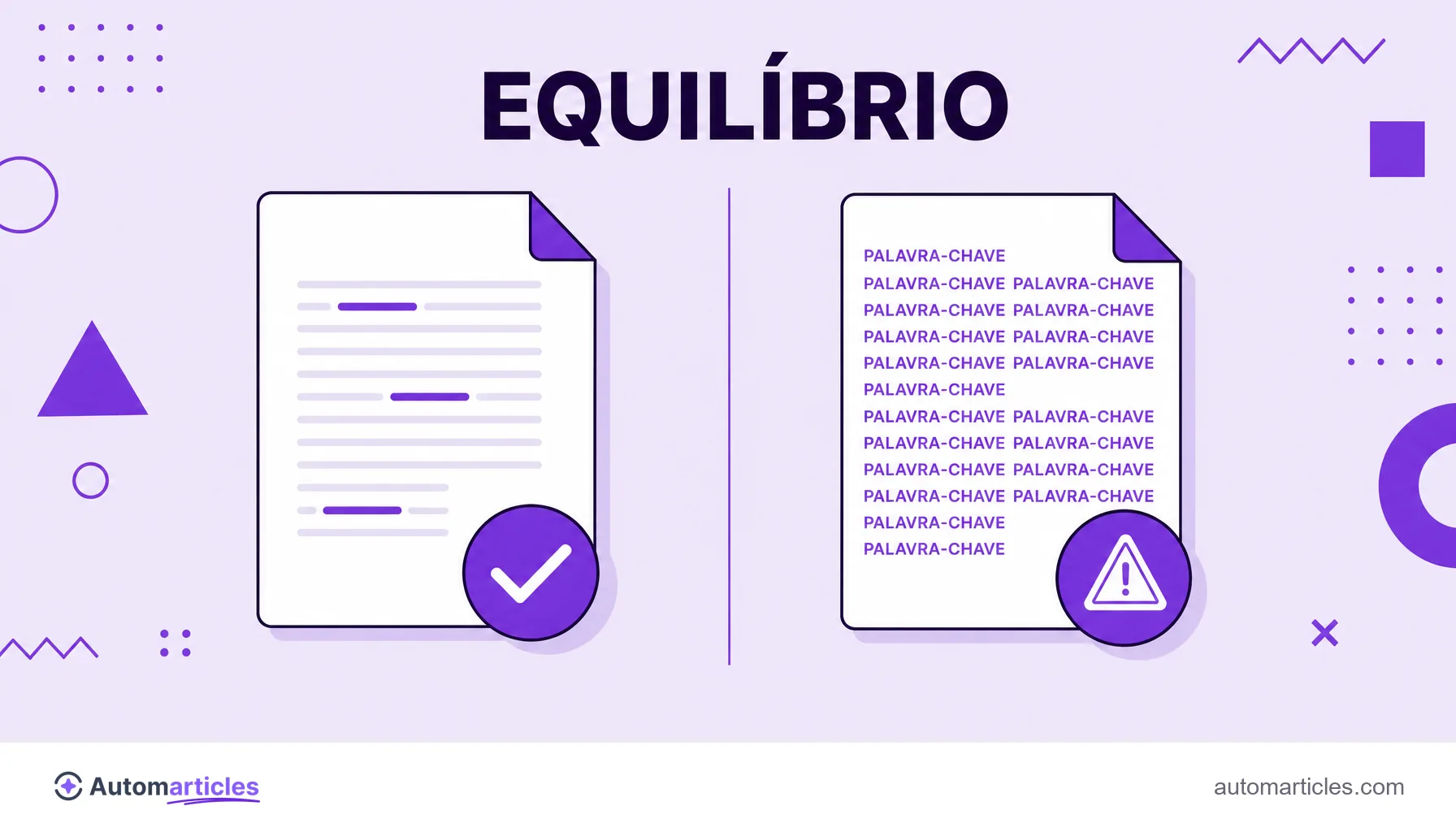 Ilustração comparando um texto com uso natural da palavra-chave e outro com repetição excessiva, marcado como alerta de keyword stuffing.