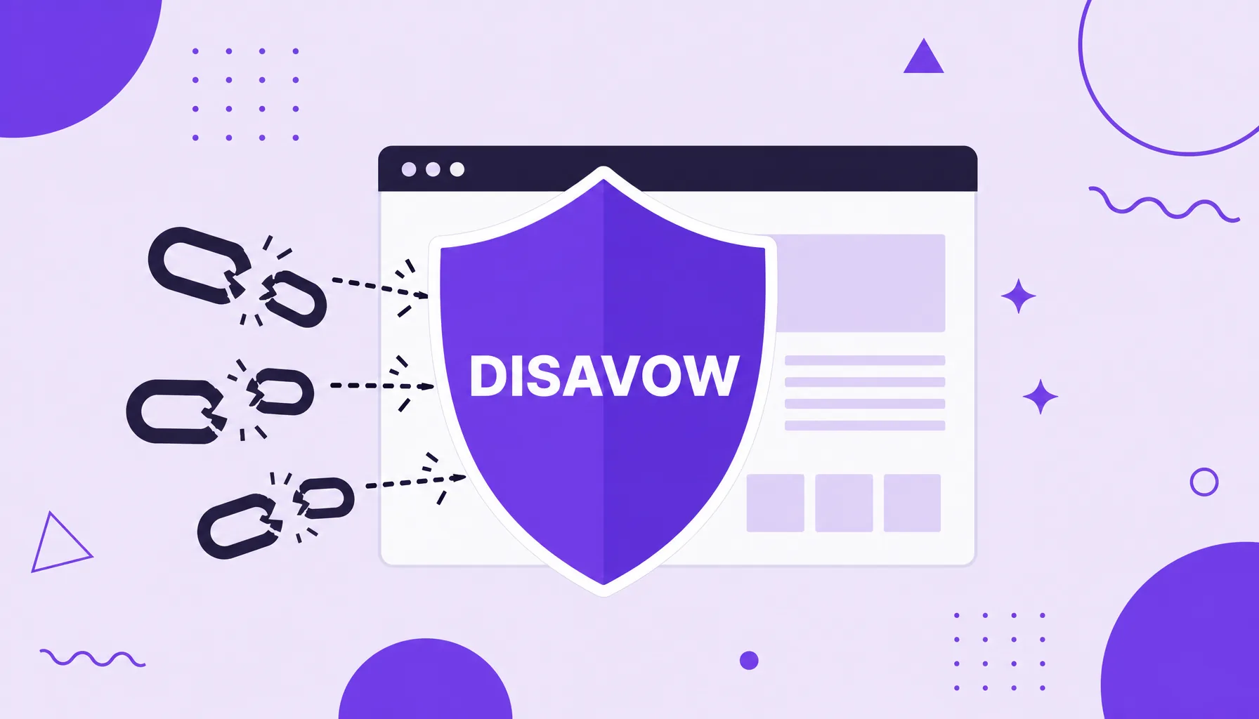 Ilustración de un escudo que protege un sitio de enlaces tóxicos rotos, que representa la desautorización de backlinks con el disavow.