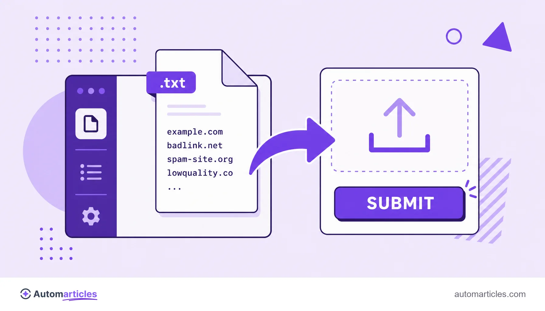 Illustration of a disavow text file being uploaded in a tool panel, with a highlighted submit button.