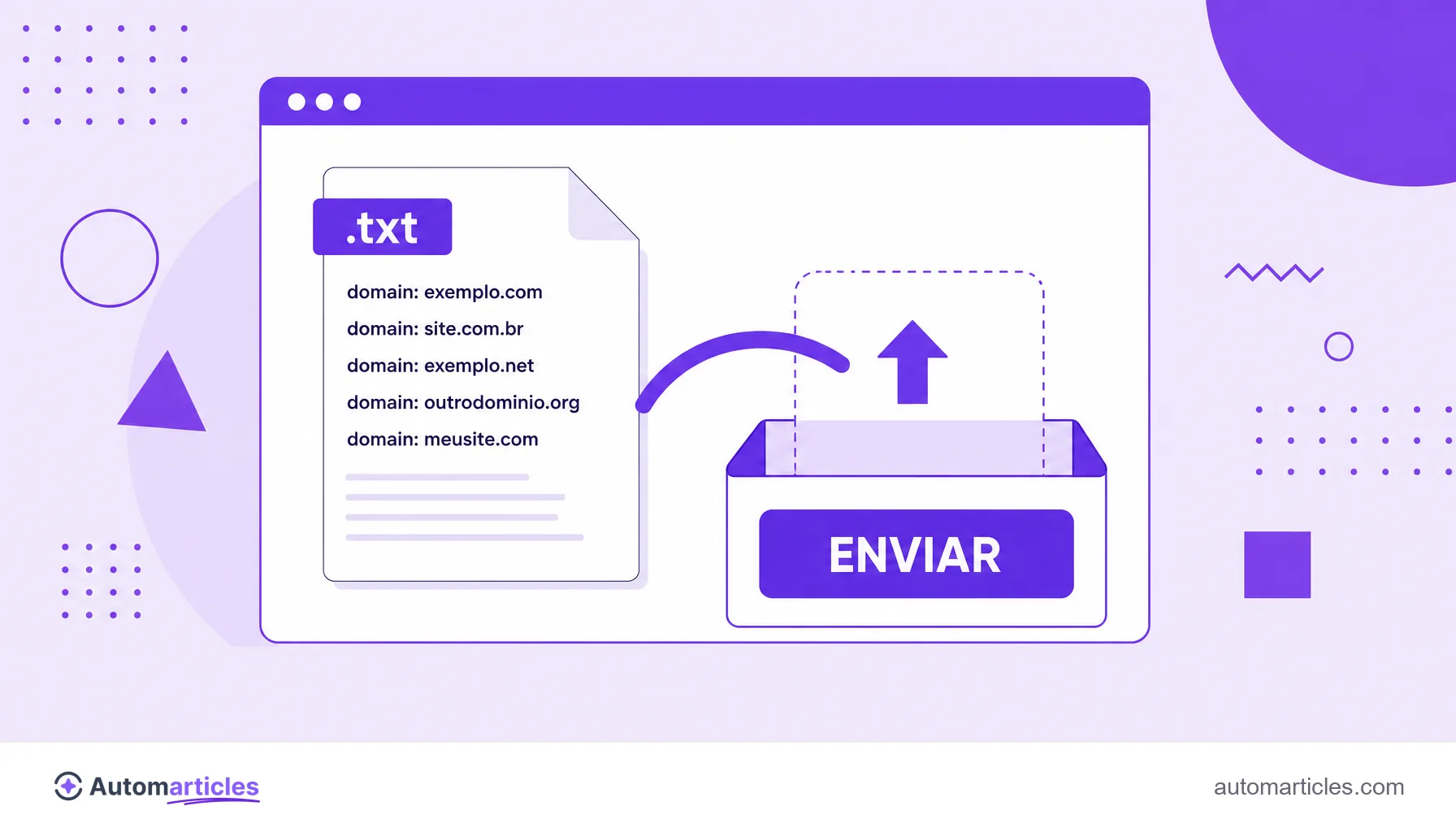 Ilustração de um arquivo de texto de disavow sendo enviado por upload em um painel de ferramenta, com um botão de envio em destaque.