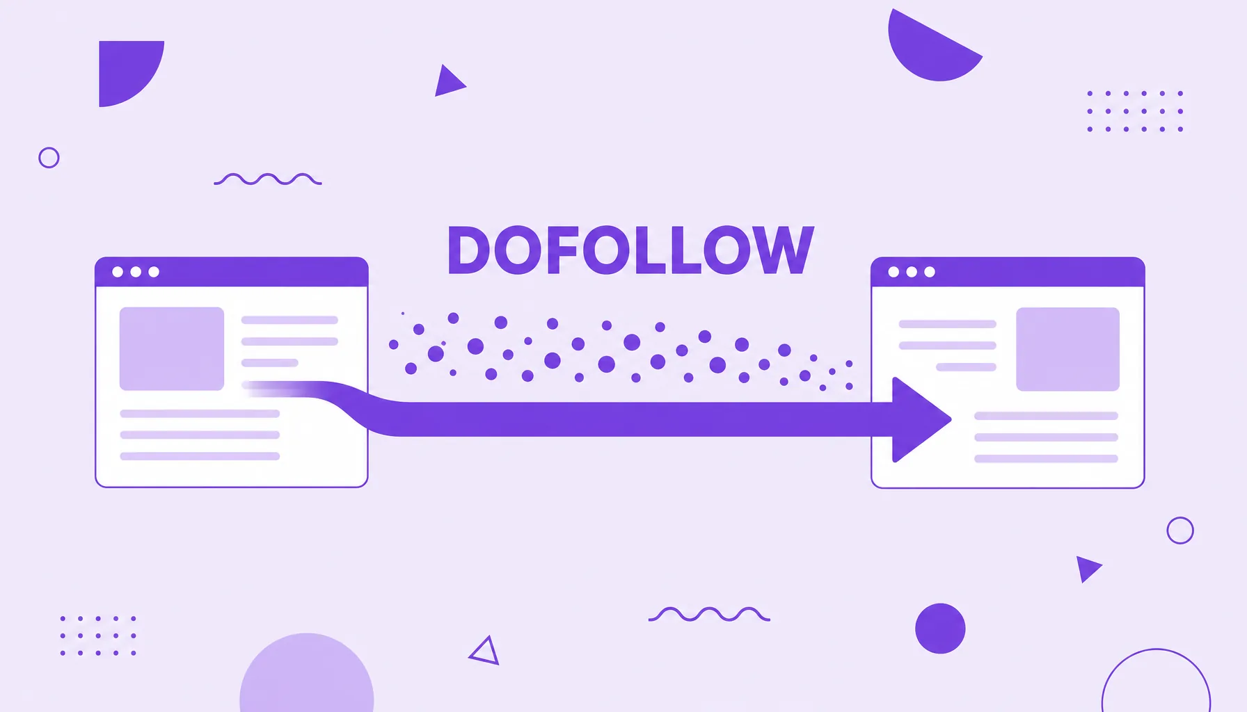 Illustration of a link between two sites with a full arrow and a flow of authority passing freely, representing the dofollow link.