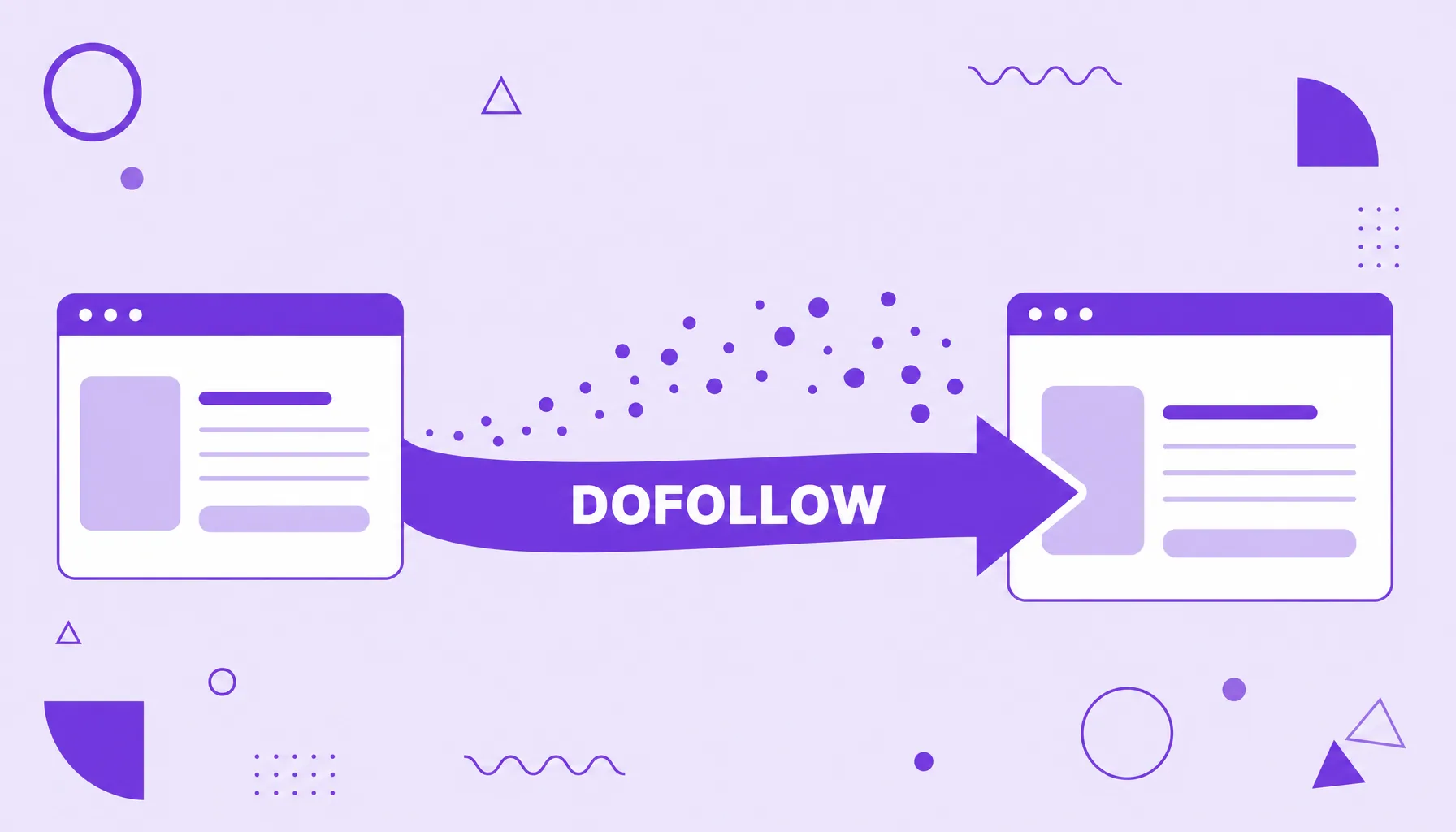 Ilustração de um link entre dois sites com uma seta cheia e um fluxo de autoridade passando livremente, representando o link dofollow.