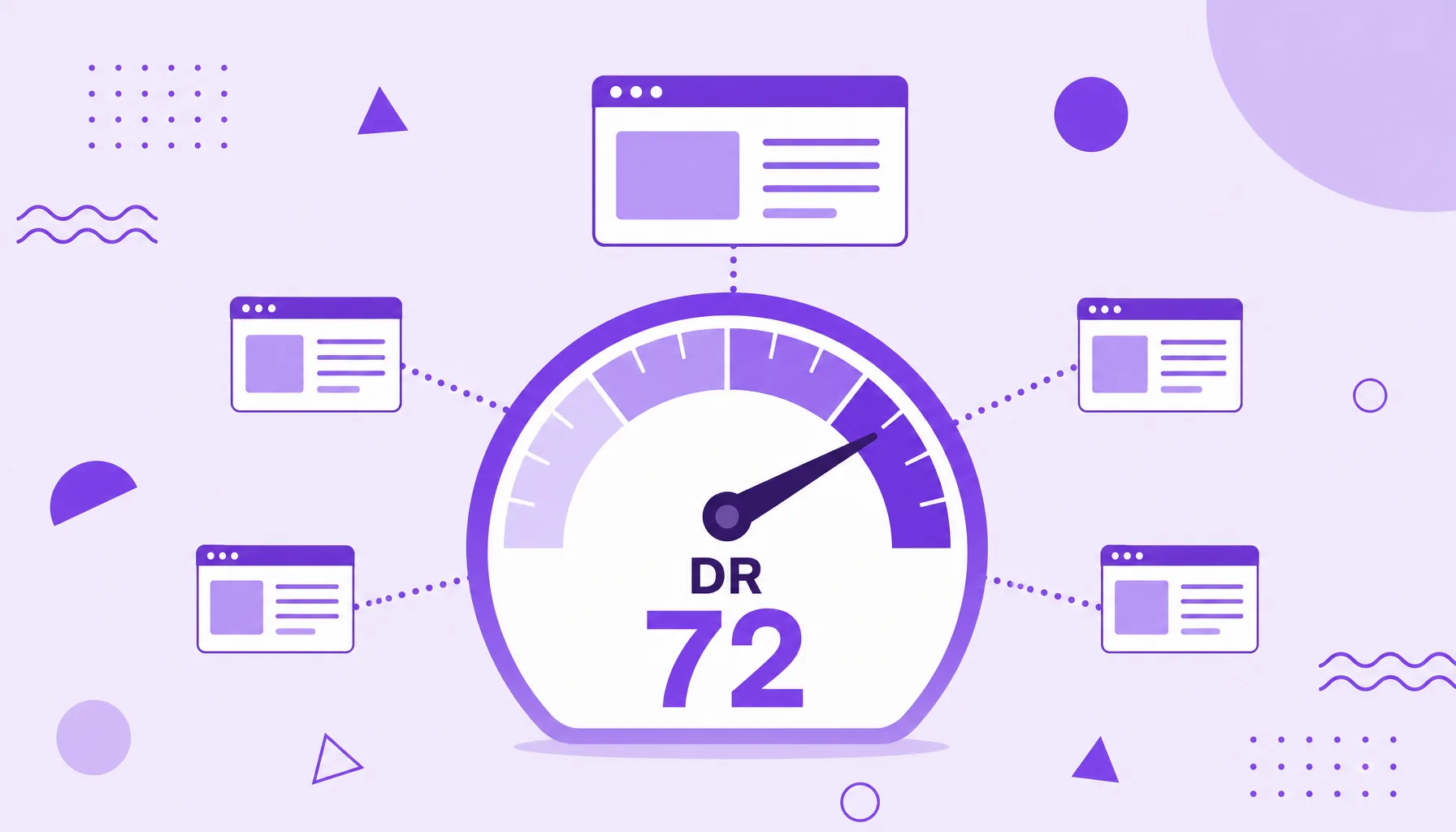 Illustration of a gauge with a needle at a high number and several sites connected by links to a central domain, representing Domain Rating.