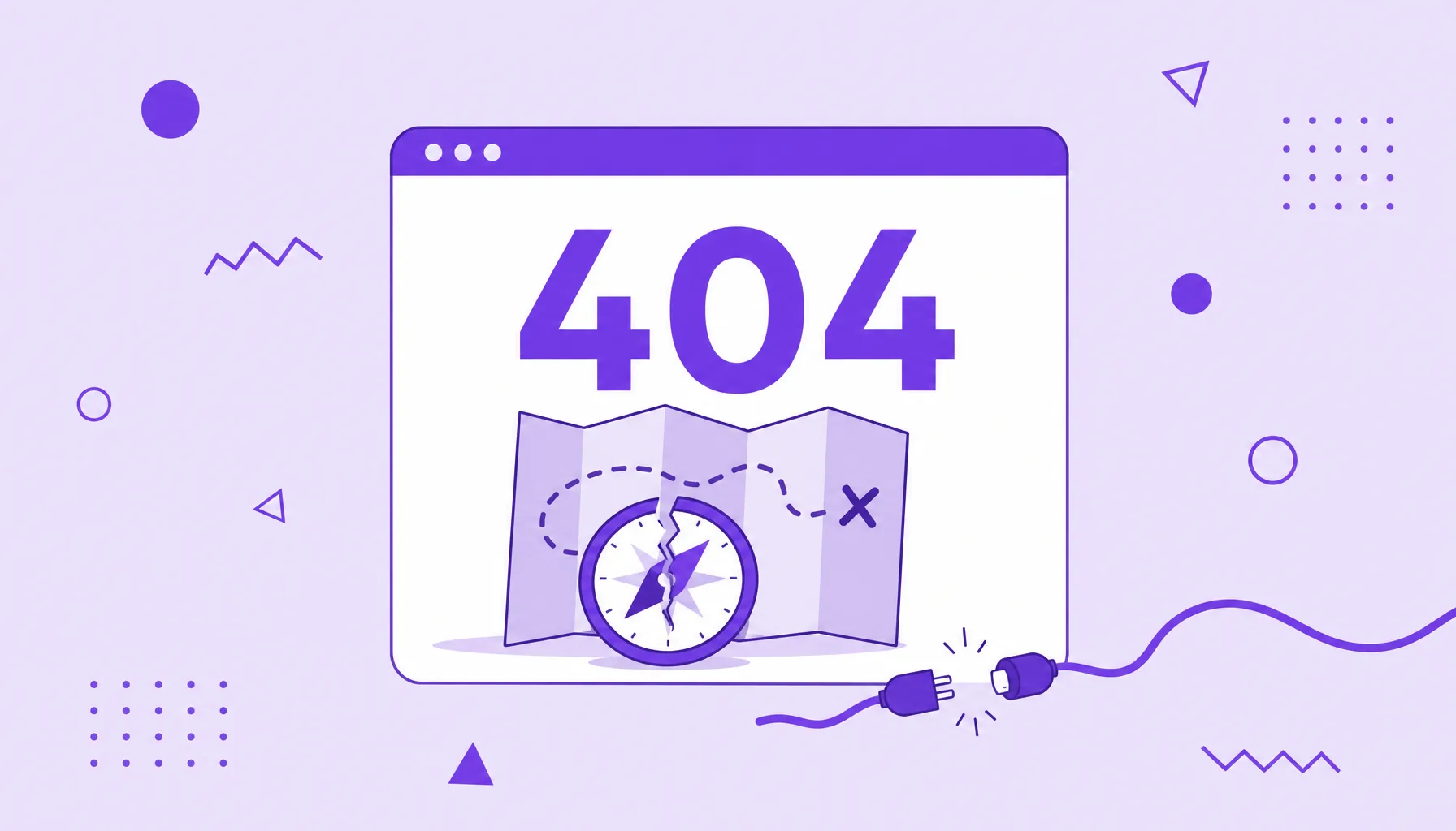 Illustration of a browser window showing a large number 404 and a snapped link, representing the page not found.