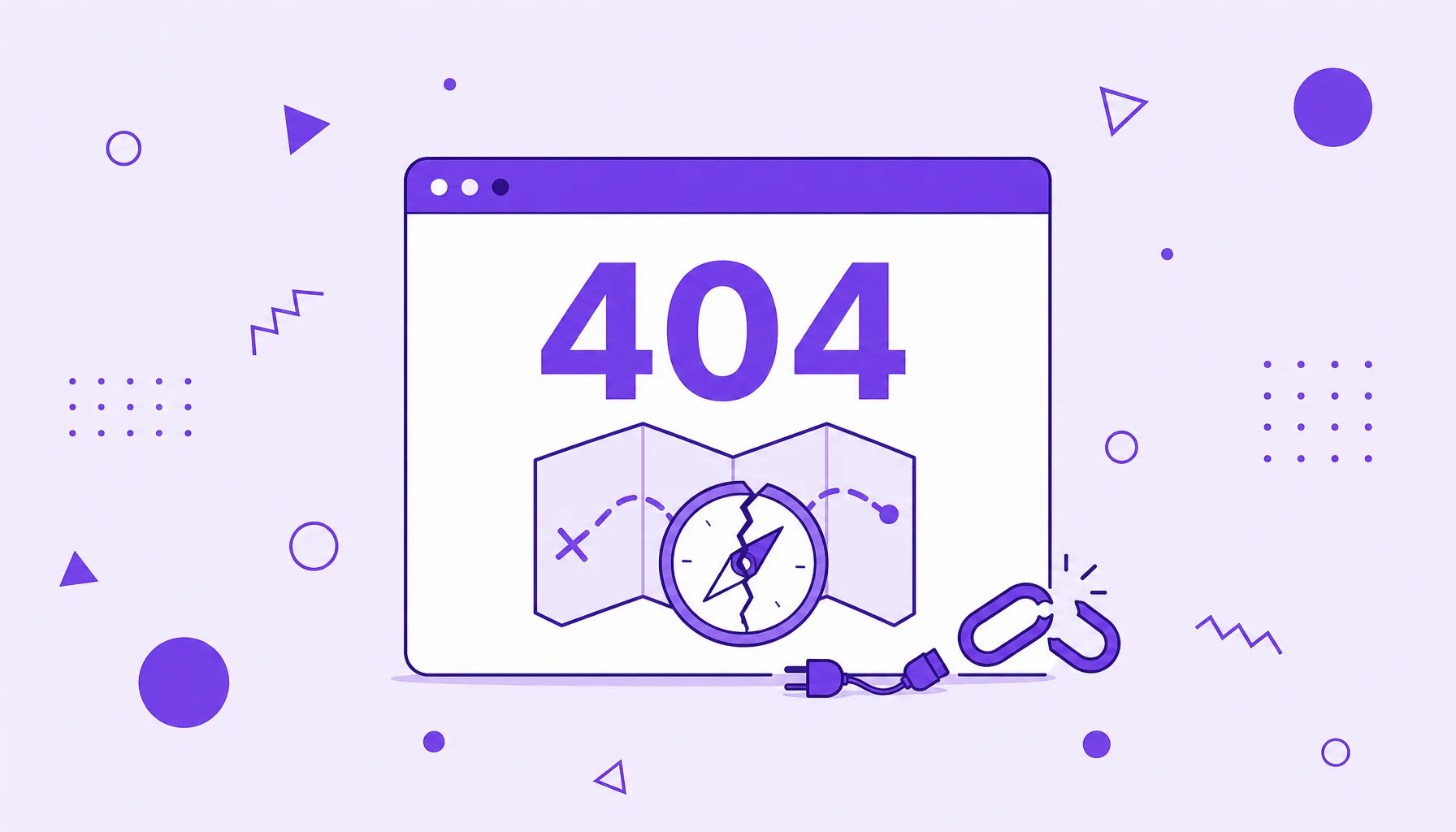 Ilustração de uma janela de navegador mostrando um grande número 404 e um link partido, representando a página não encontrada.