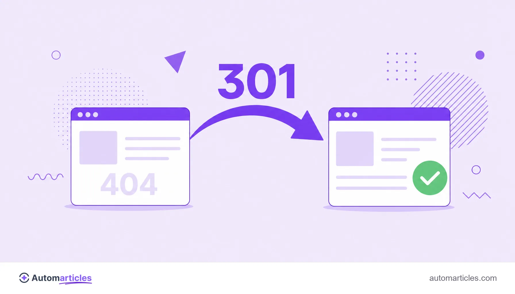 Illustration of a 301 arrow linking an old page with a 404 error to a valid new address, representing the redirect.