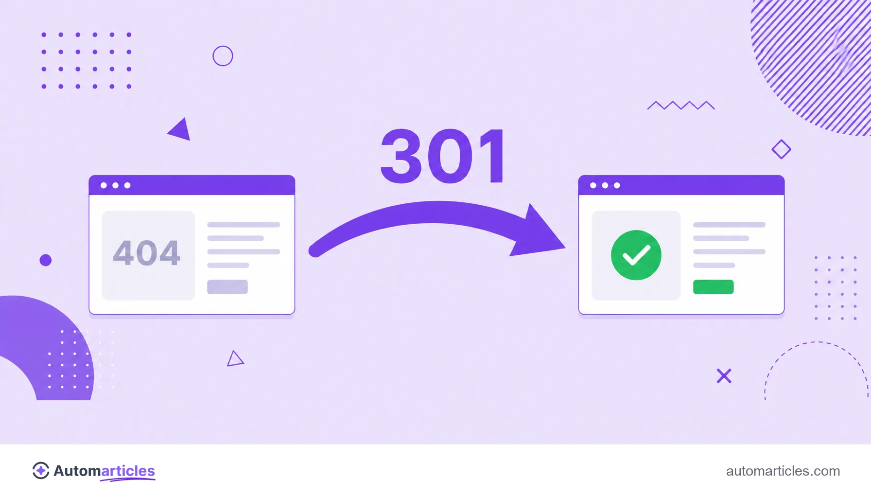 Ilustración de una flecha 301 que une una página antigua con error 404 a una nueva dirección válida, que representa la redirección.