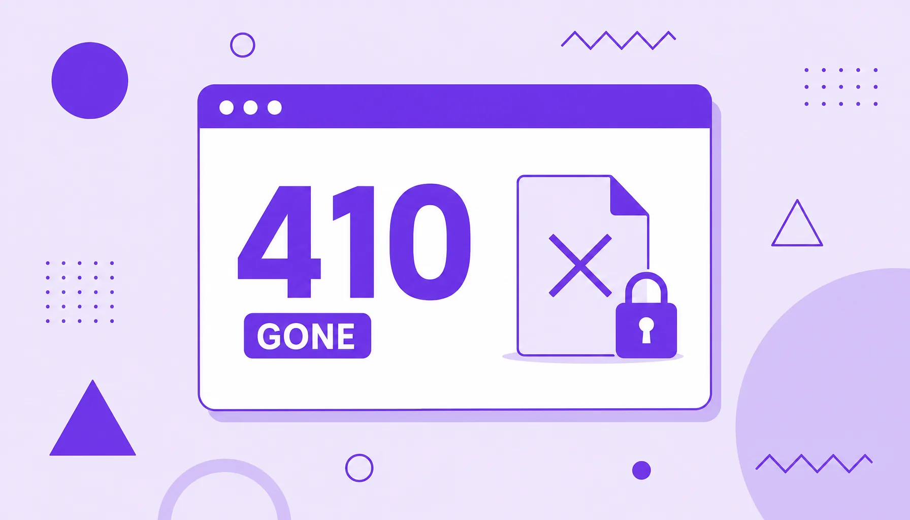 Illustration of a browser window with a large number 410 and an icon of a removed page with a padlock, representing the 410 Gone status.