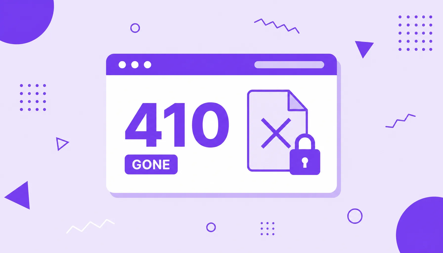 Ilustración de una ventana de navegador con un gran número 410 y un icono de página eliminada con candado, que representa el estado 410 Gone.