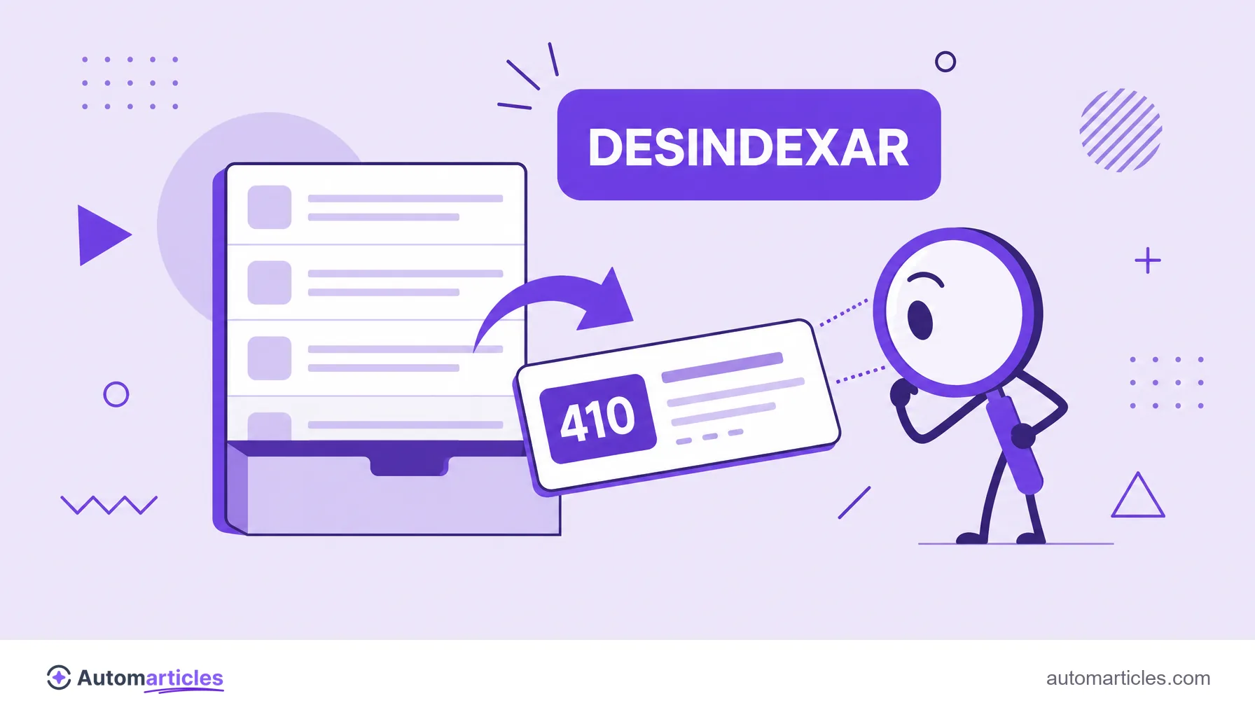 Ilustración de una página marcada con 410 siendo retirada de la lista de resultados de Google, que representa la desindexación.
