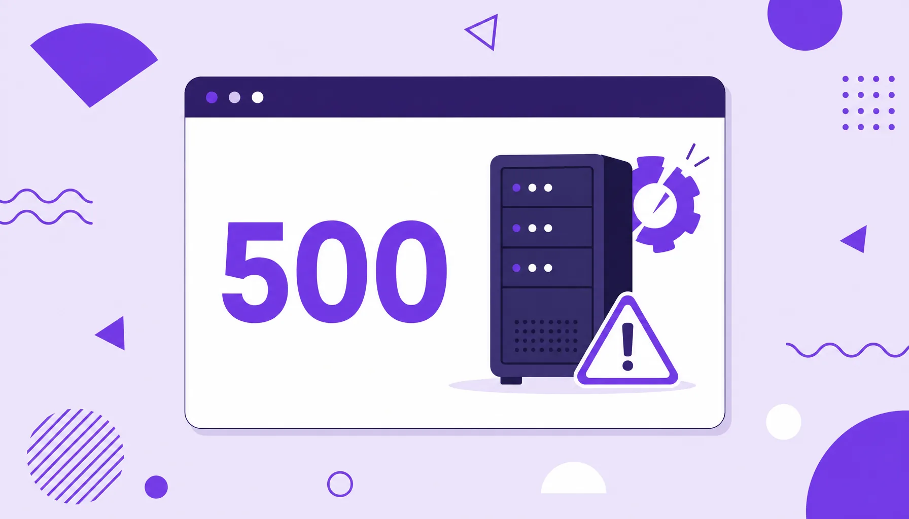 Illustration of a browser window with a 500 error page and a server showing a warning sign.