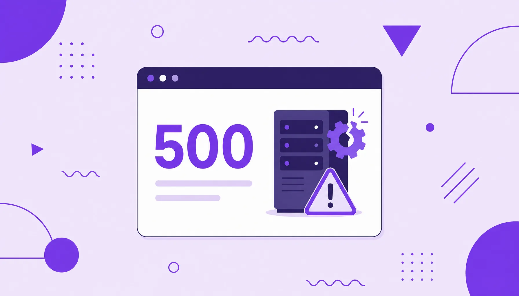Ilustração de uma janela de navegador com uma página de erro 500 e um servidor com sinal de alerta.