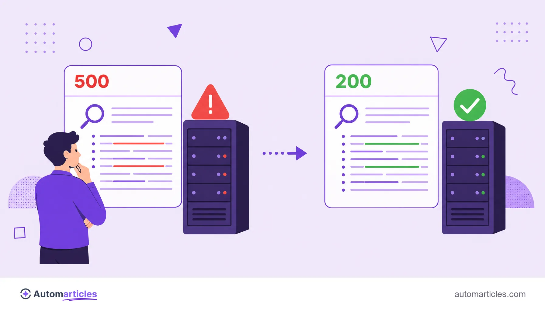 Illustration of a person analyzing server logs and a server changing from error to success.