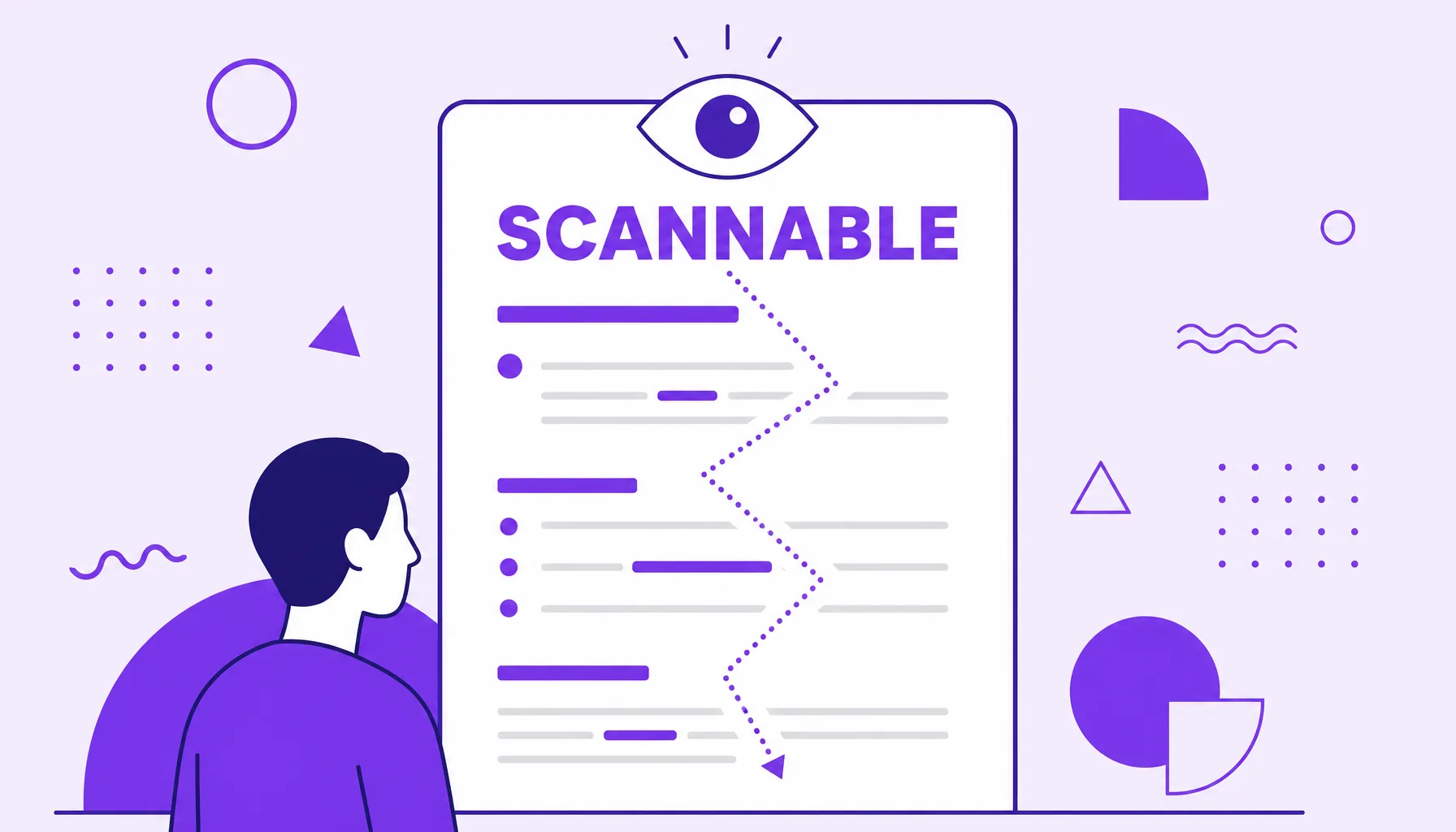 Illustration of an eye zigzagging across a page with title, subheadings, lists and highlighted words, representing scannability.