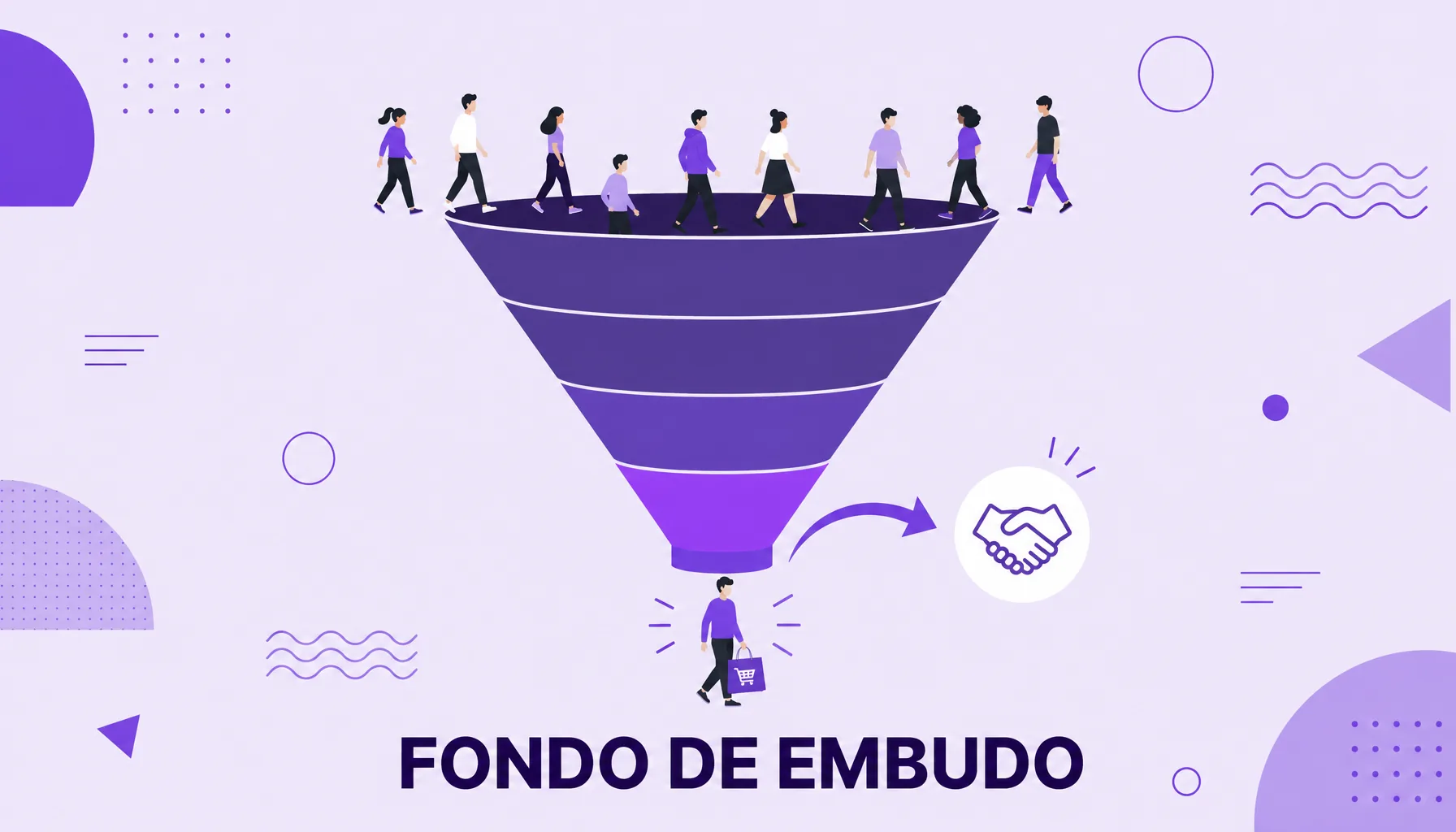 Ilustración de un embudo de marketing con muchas personas entrando por arriba y una convertida en cliente en la punta estrecha, destacando el fondo de embudo.
