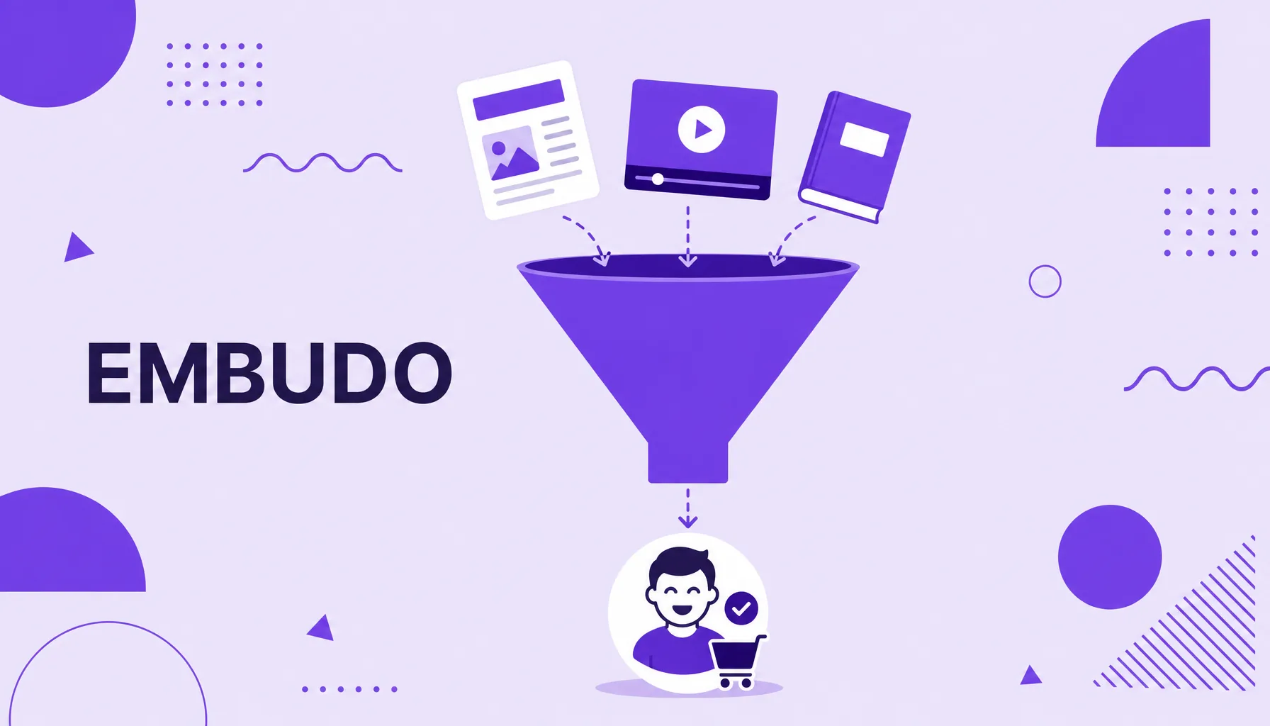 Ilustración de un embudo que recibe iconos de contenido arriba y entrega un cliente en la base, que representa el embudo de contenido.