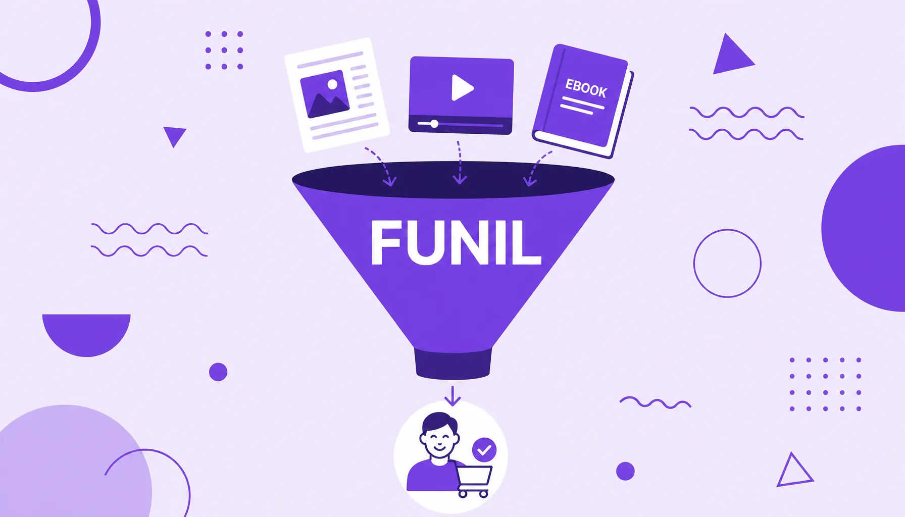 Ilustração de um funil recebendo ícones de conteúdo no topo e entregando um cliente na base, representando o funil de conteúdo.