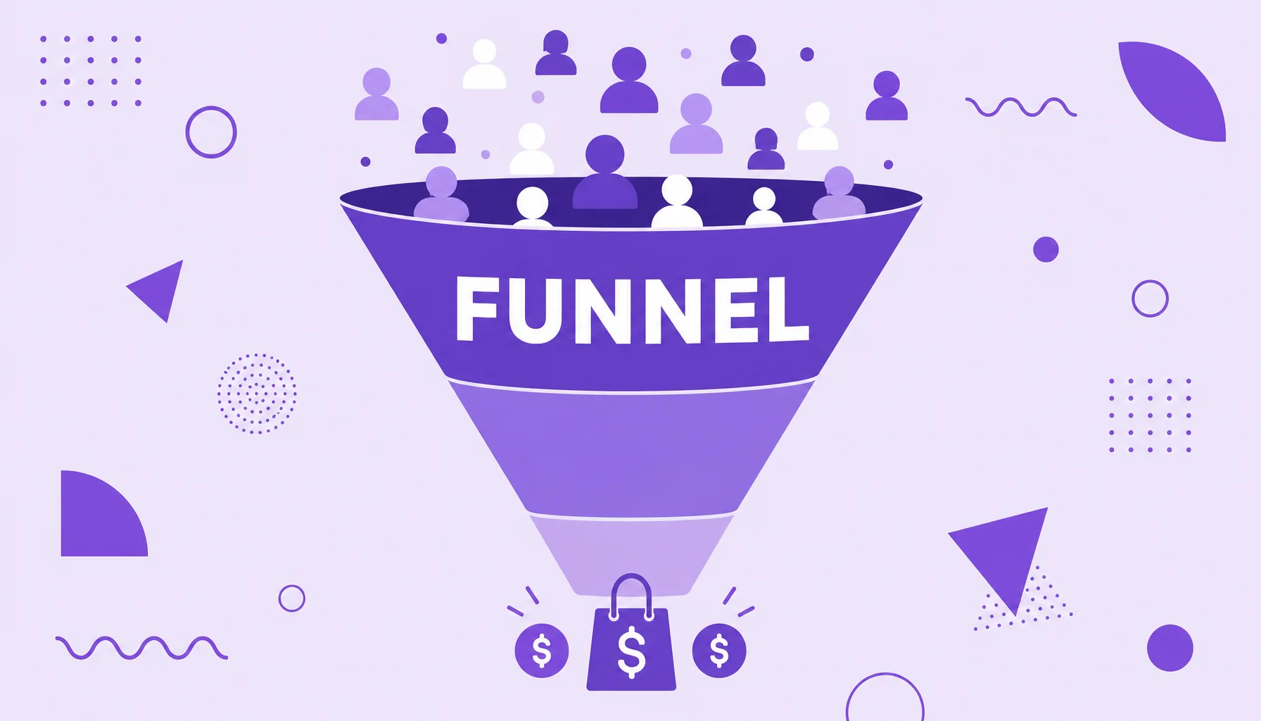 Illustration of a sales funnel with many people entering at the top and few customers leaving at the base.