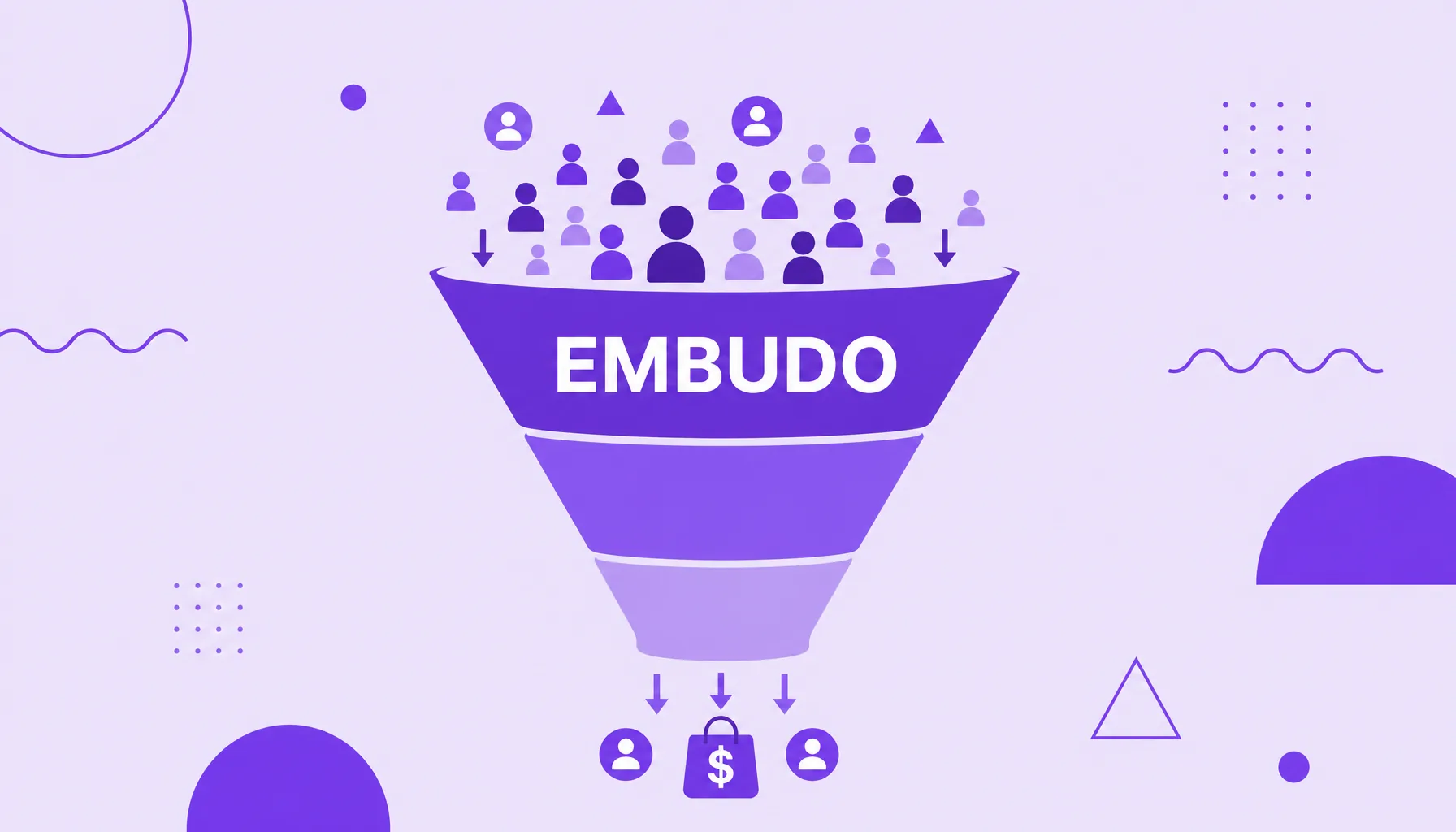 Ilustración de un embudo de ventas con muchas personas entrando por arriba y pocos clientes saliendo por la base.