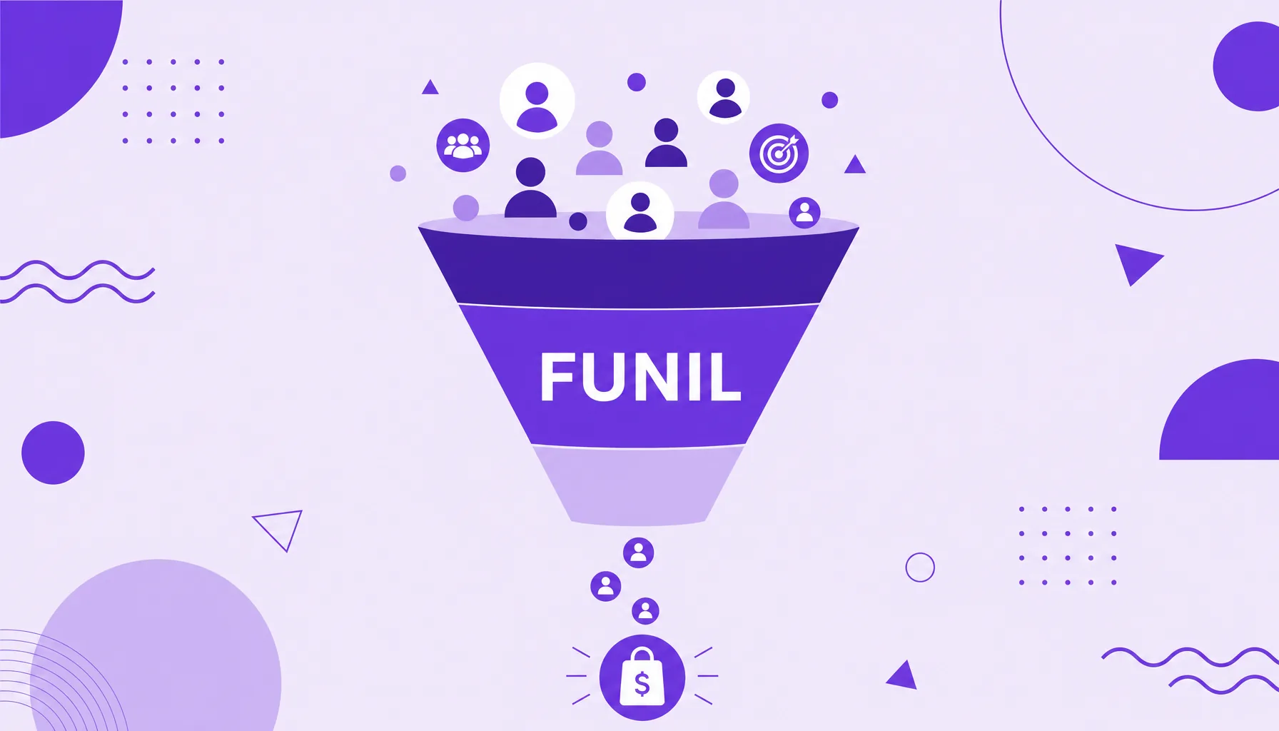 Ilustração de um funil de vendas com muitas pessoas entrando pelo topo e poucos clientes saindo pela base.