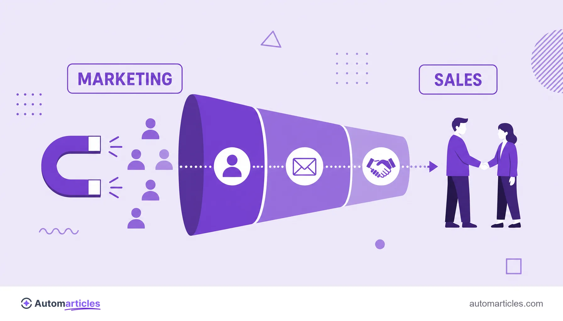 Illustration of a lead moving through the funnel, from marketing that attracts and nurtures to sales that closes the deal.