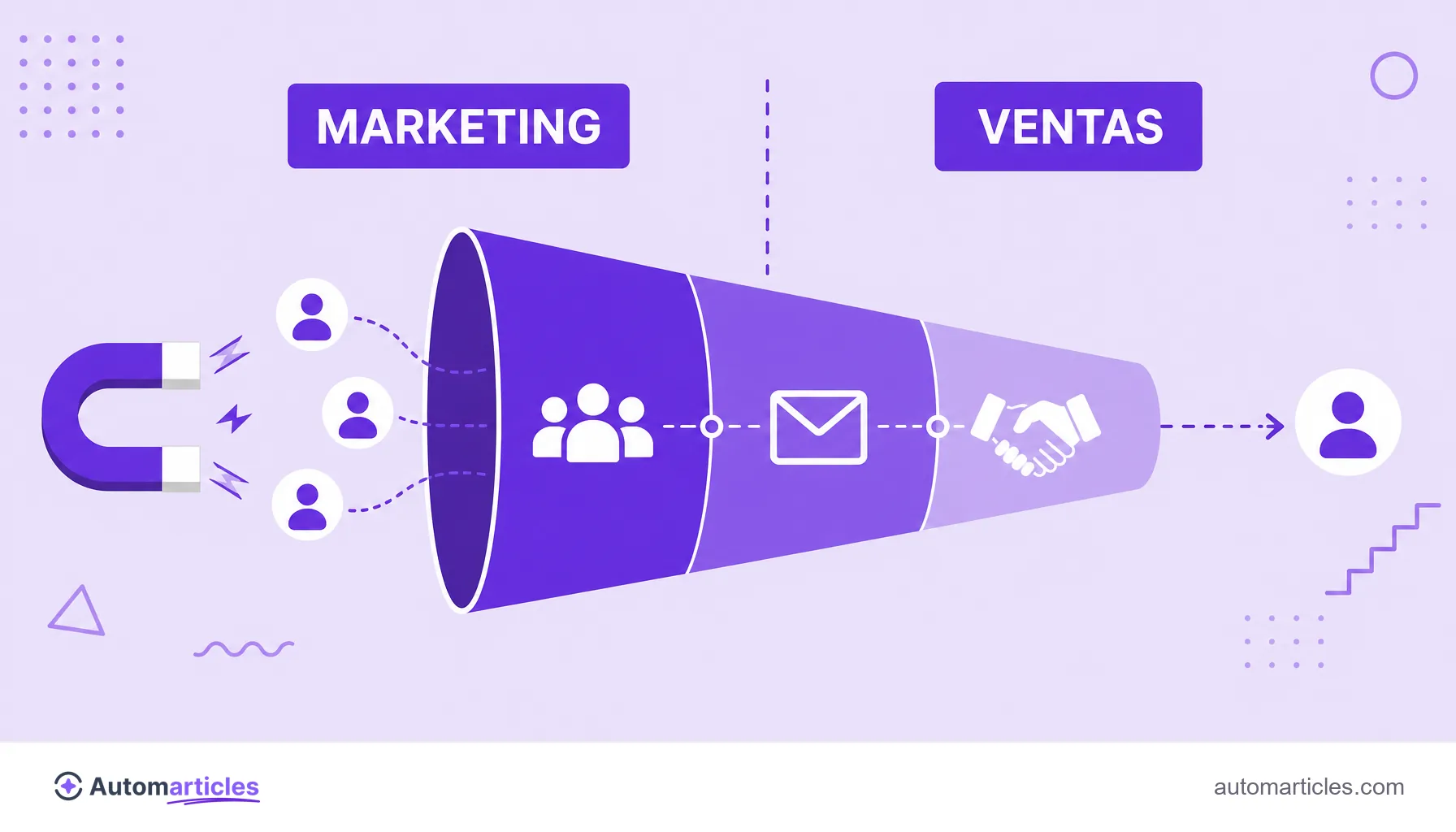 Ilustración de un lead avanzando por el embudo, del marketing que atrae y nutre a ventas que cierra el negocio.