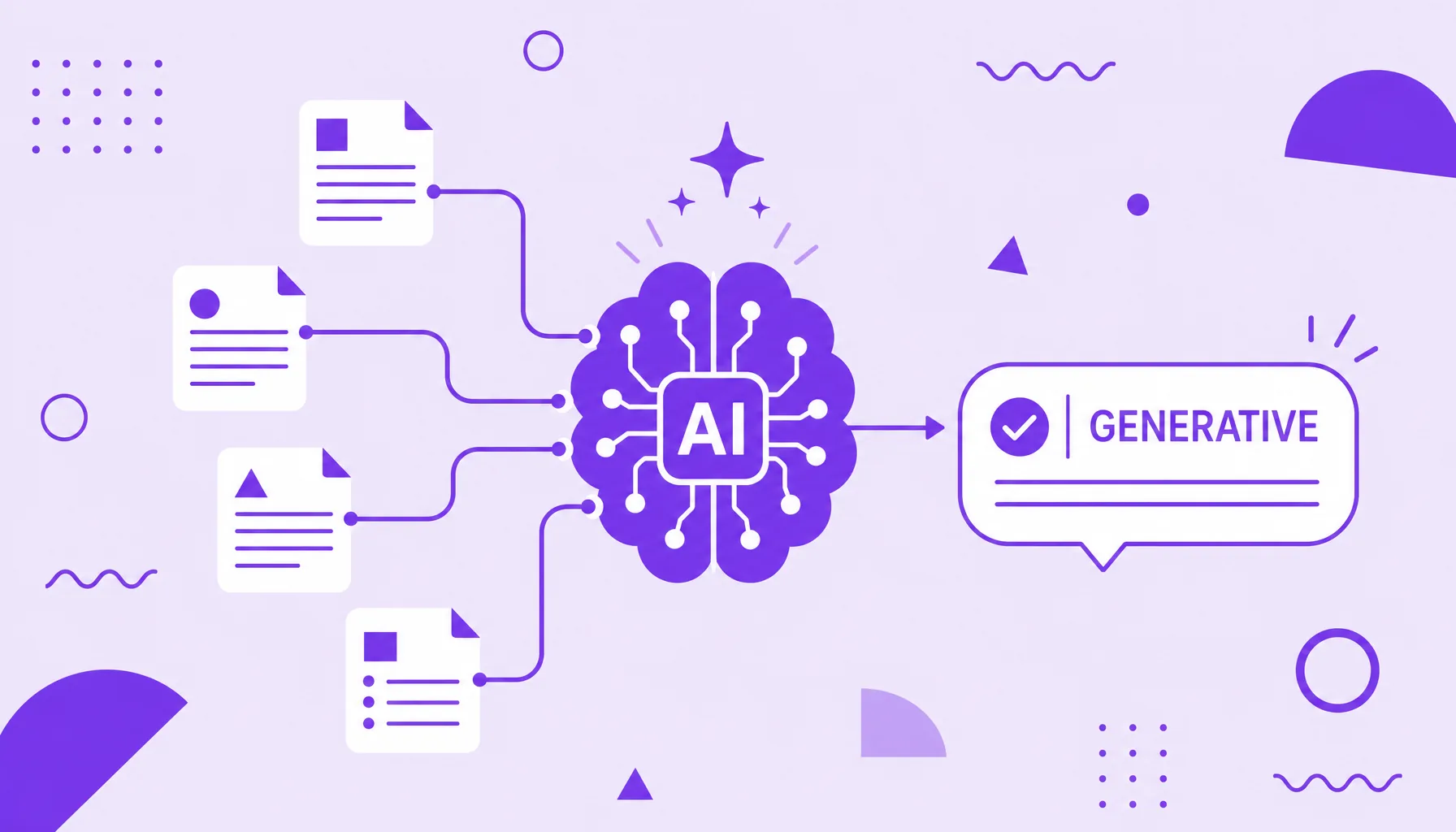 Illustration of an AI composing an original answer from several sources, representing generative search.