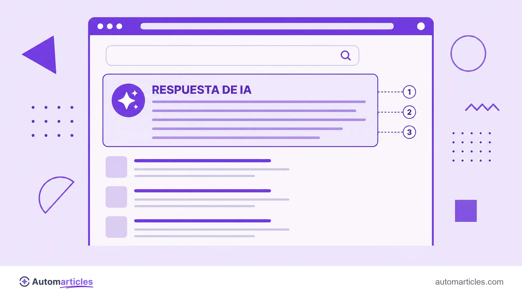 Ilustración de una pantalla de búsqueda con una respuesta generada por IA arriba y enlaces tradicionales más pequeños abajo, que representa la búsqueda generativa.