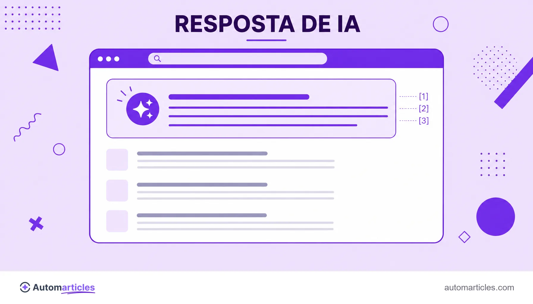 Ilustração de uma tela de busca com uma resposta gerada por IA no topo e links tradicionais menores abaixo, representando a busca generativa.