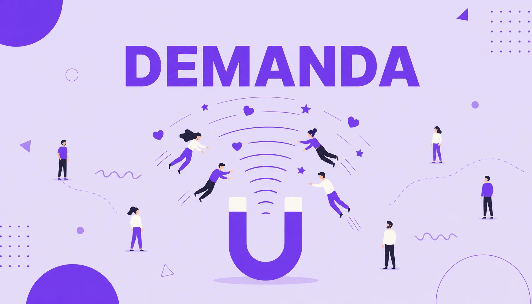 Ilustración de un imán de marca que atrae personas y señales de interés, que representa la generación de demanda.