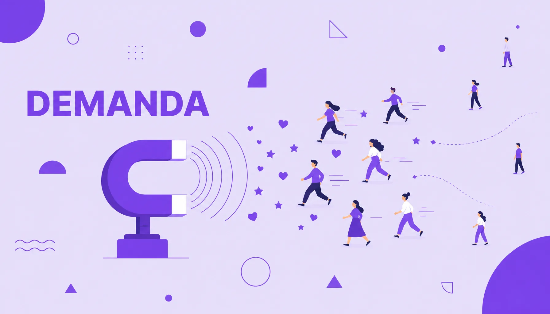 Ilustração de um ímã de marca atraindo pessoas e sinais de interesse, representando a geração de demanda.