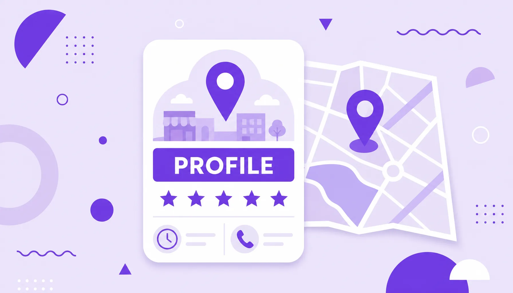 Illustration of a Google business profile card with a map pin, review stars, hours and phone, representing Google Business Profile.