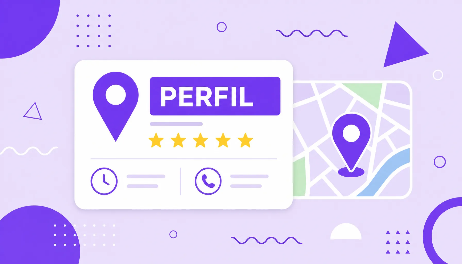 Ilustração de um cartão de perfil de empresa no Google com pino de mapa, estrelas de avaliação, horário e telefone, representando o Google Meu Negócio.