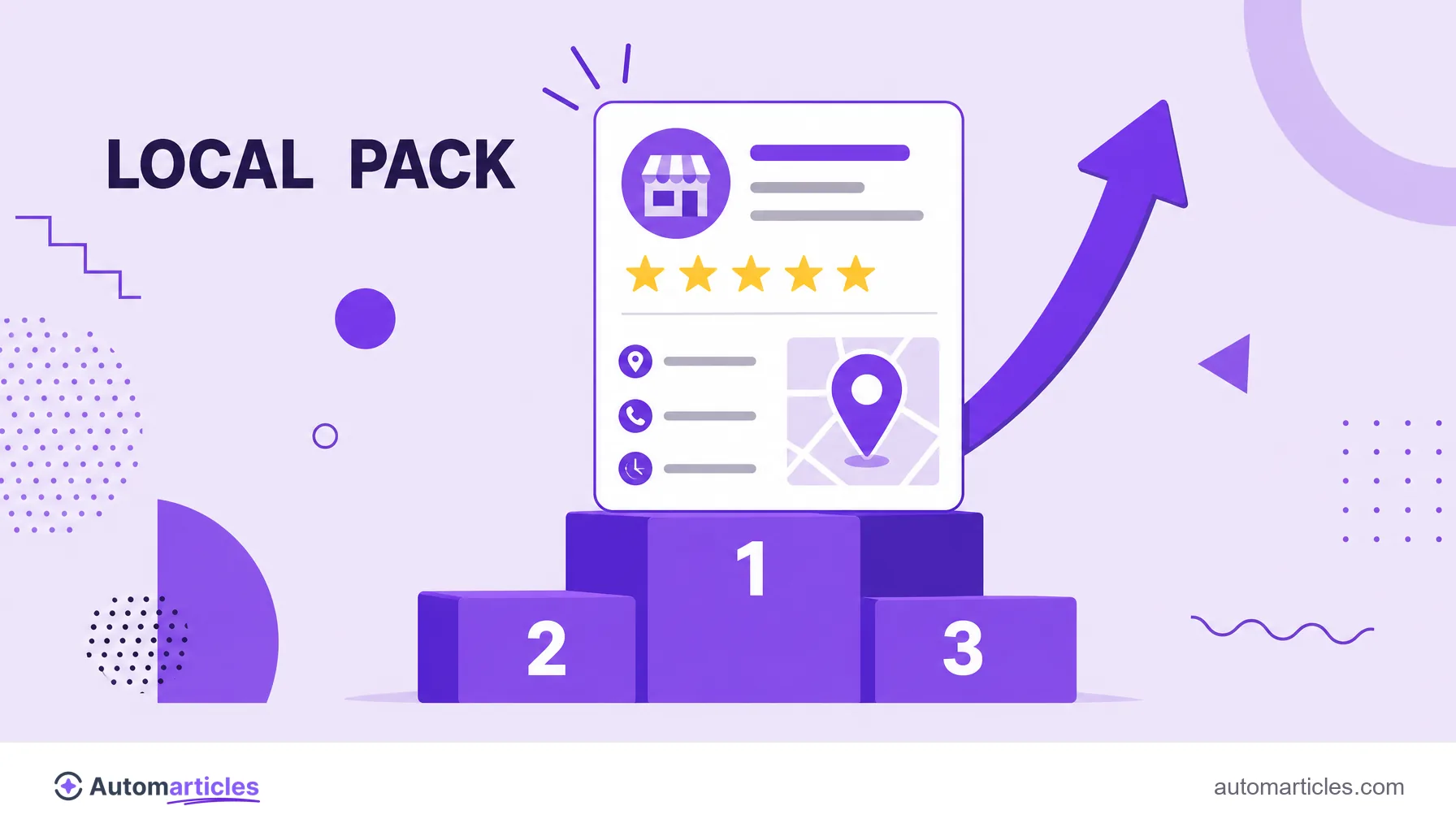 Illustration of a business profile rising to the top of Google's local pack, with review stars and a map pin, representing local SEO optimization.
