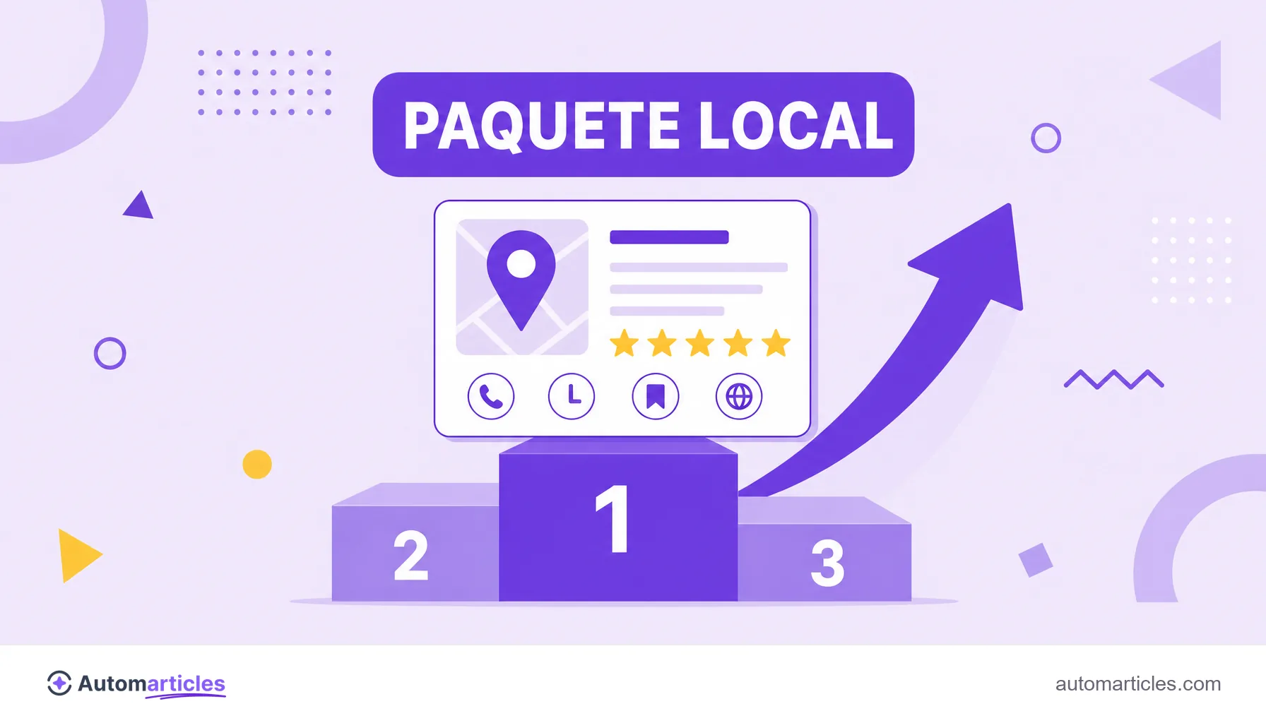 Ilustración de un perfil de empresa subiendo a lo alto del paquete local de Google, con estrellas de reseña y un pin de mapa, que representa la optimización para SEO local.