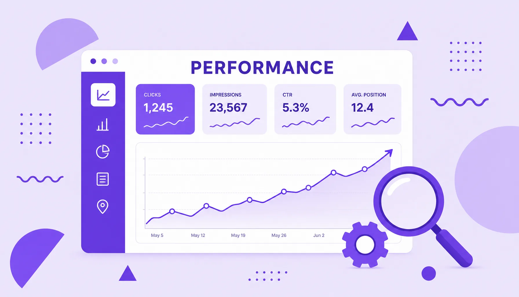 Illustration of a site monitoring dashboard with a line chart, metric cards and a report sidebar, representing Google Search Console.