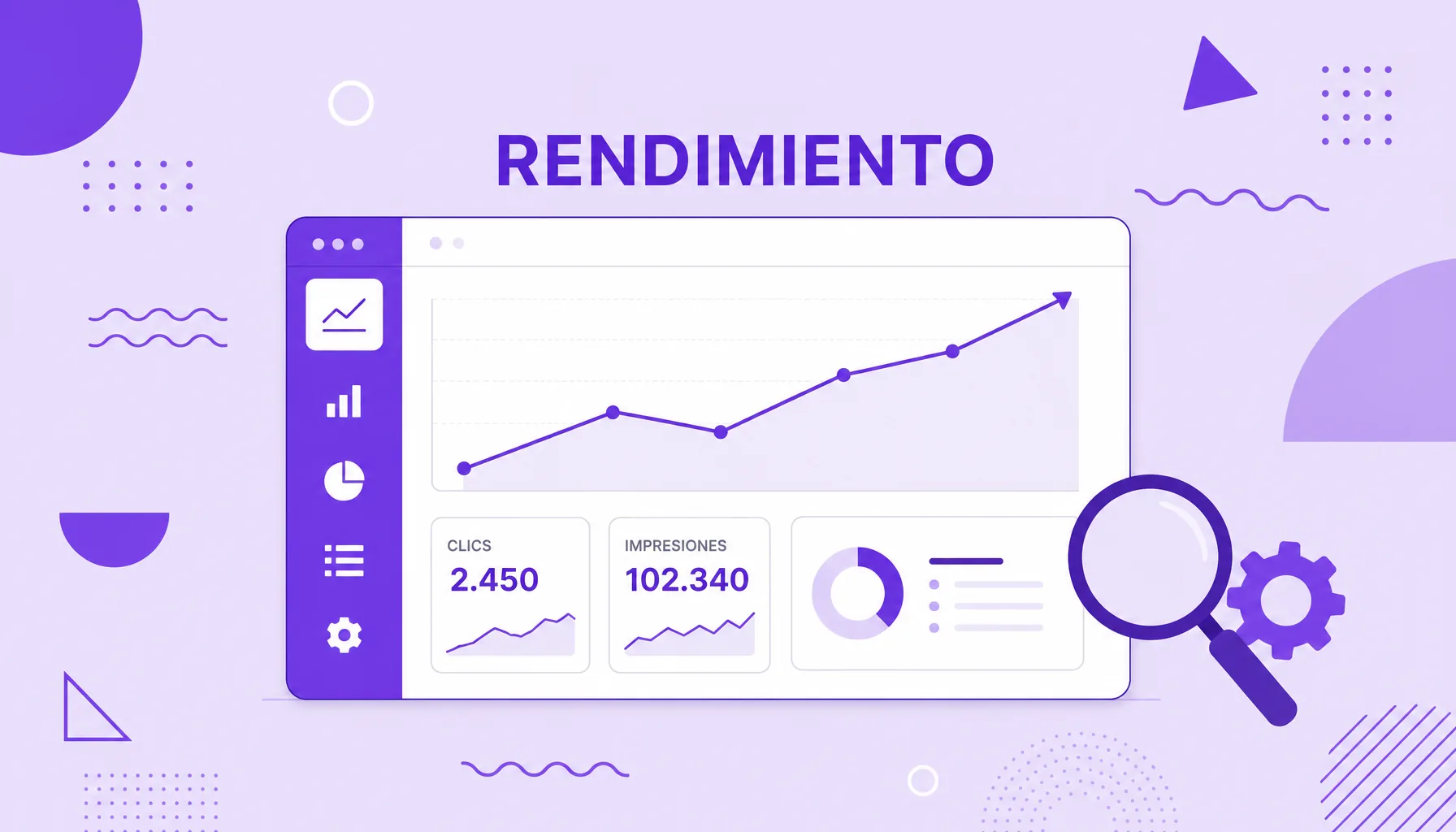 Ilustración de un panel de monitoreo de un sitio con un gráfico de línea, tarjetas de métricas y una barra lateral de informes, que representa Google Search Console.
