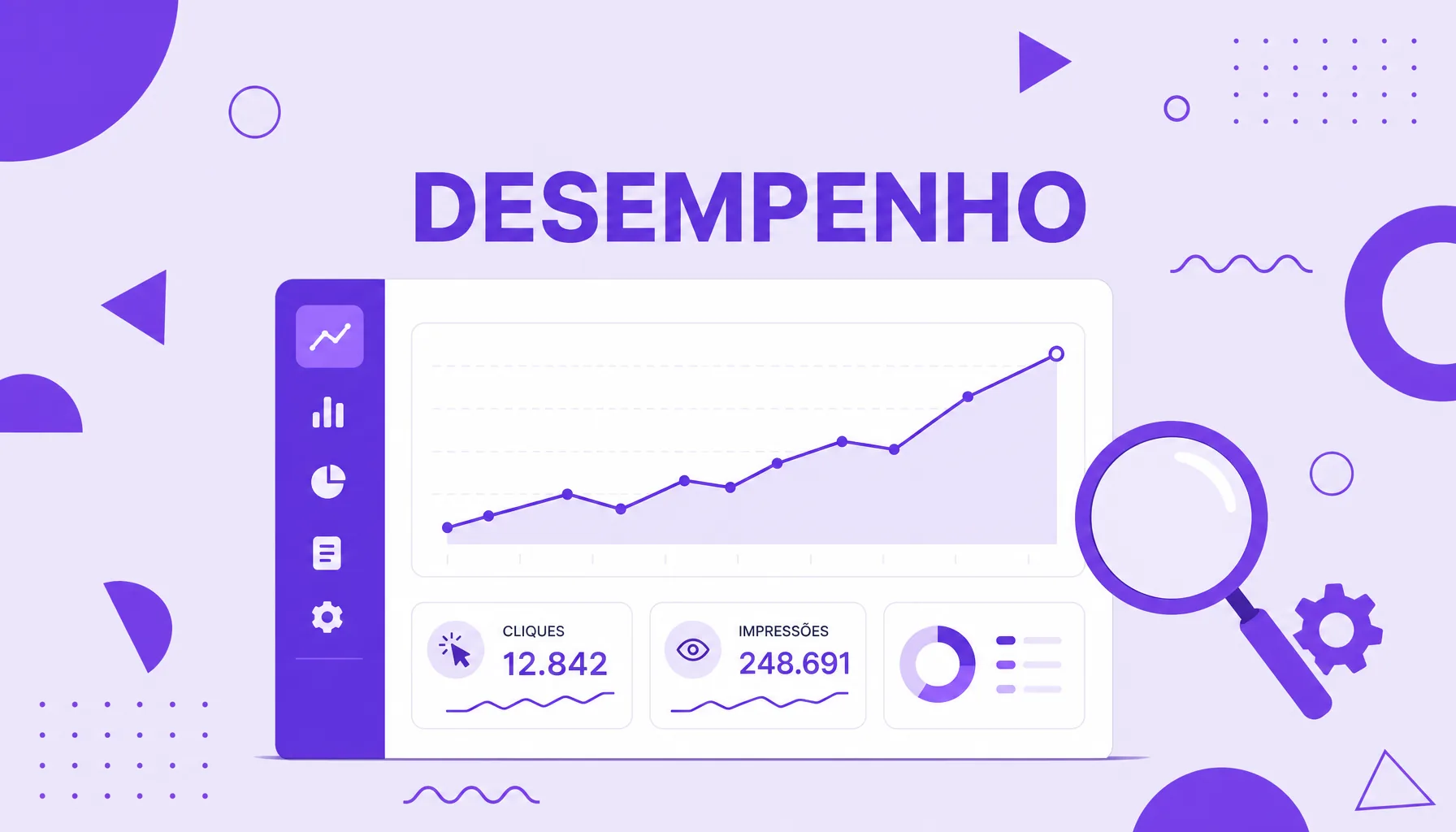 Ilustração de um painel de monitoramento de site com gráfico de linha, cartões de métricas e barra lateral de relatórios, representando o Google Search Console.