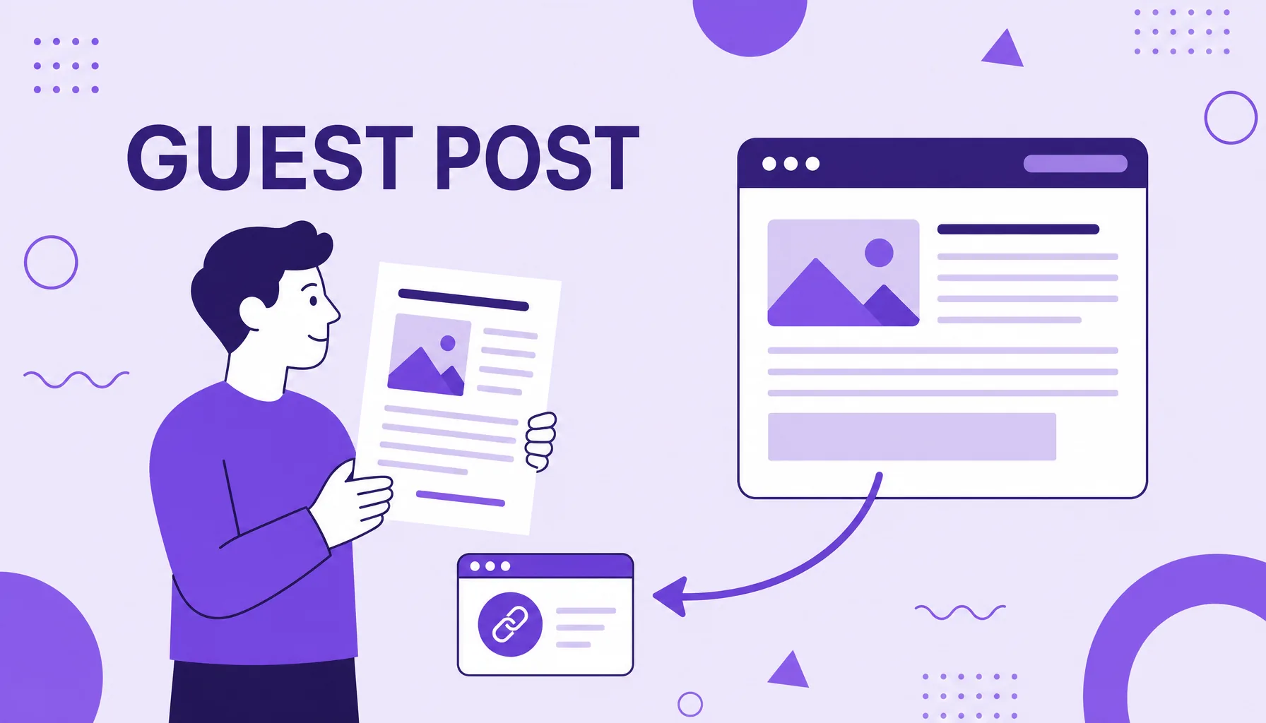 Illustration of a guest author handing an article to another site, with a backlink arrow returning to the source site.