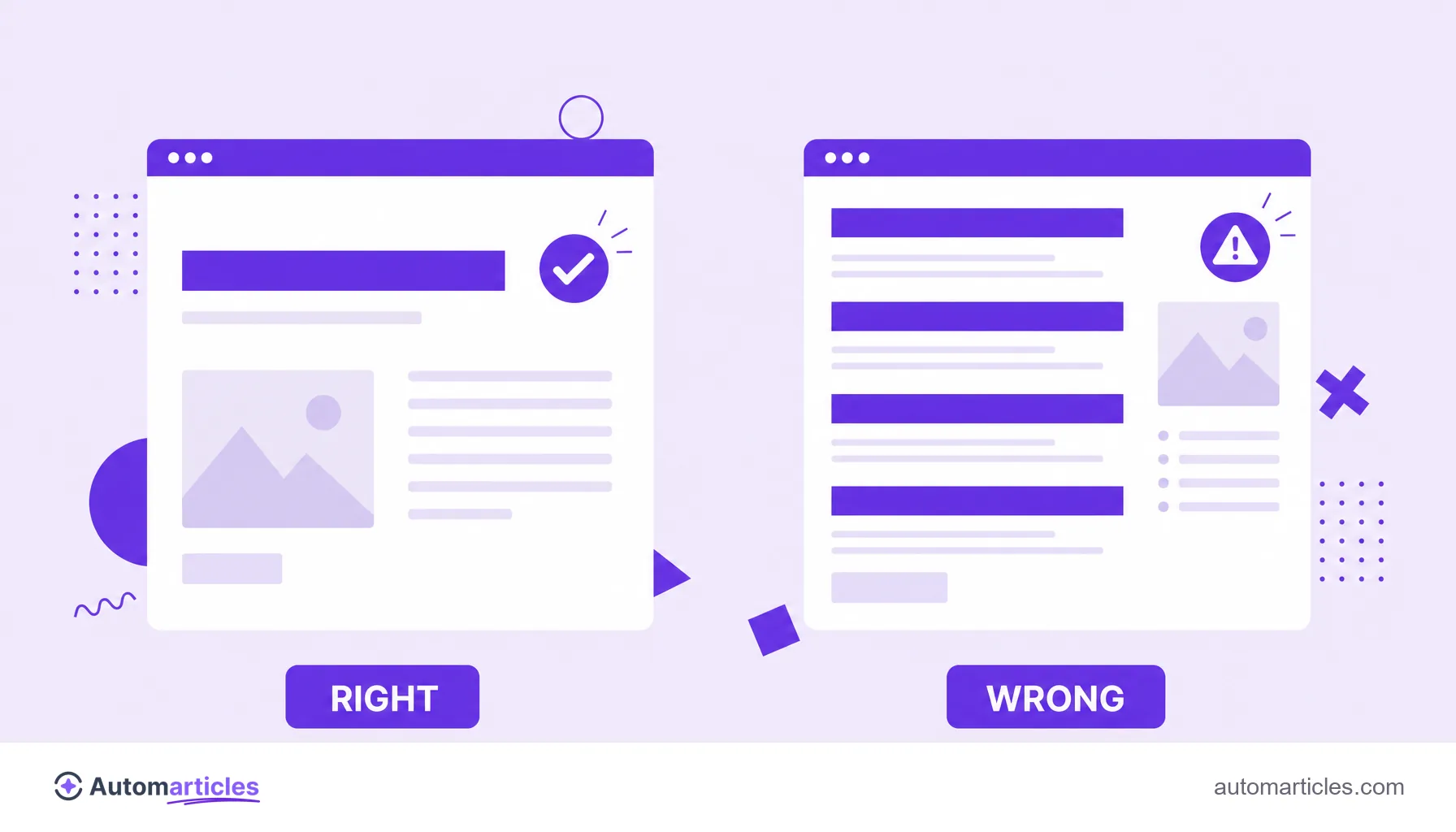 Illustration comparing a page with a single clear H1 (right) and a page with several repeated H1s (wrong).