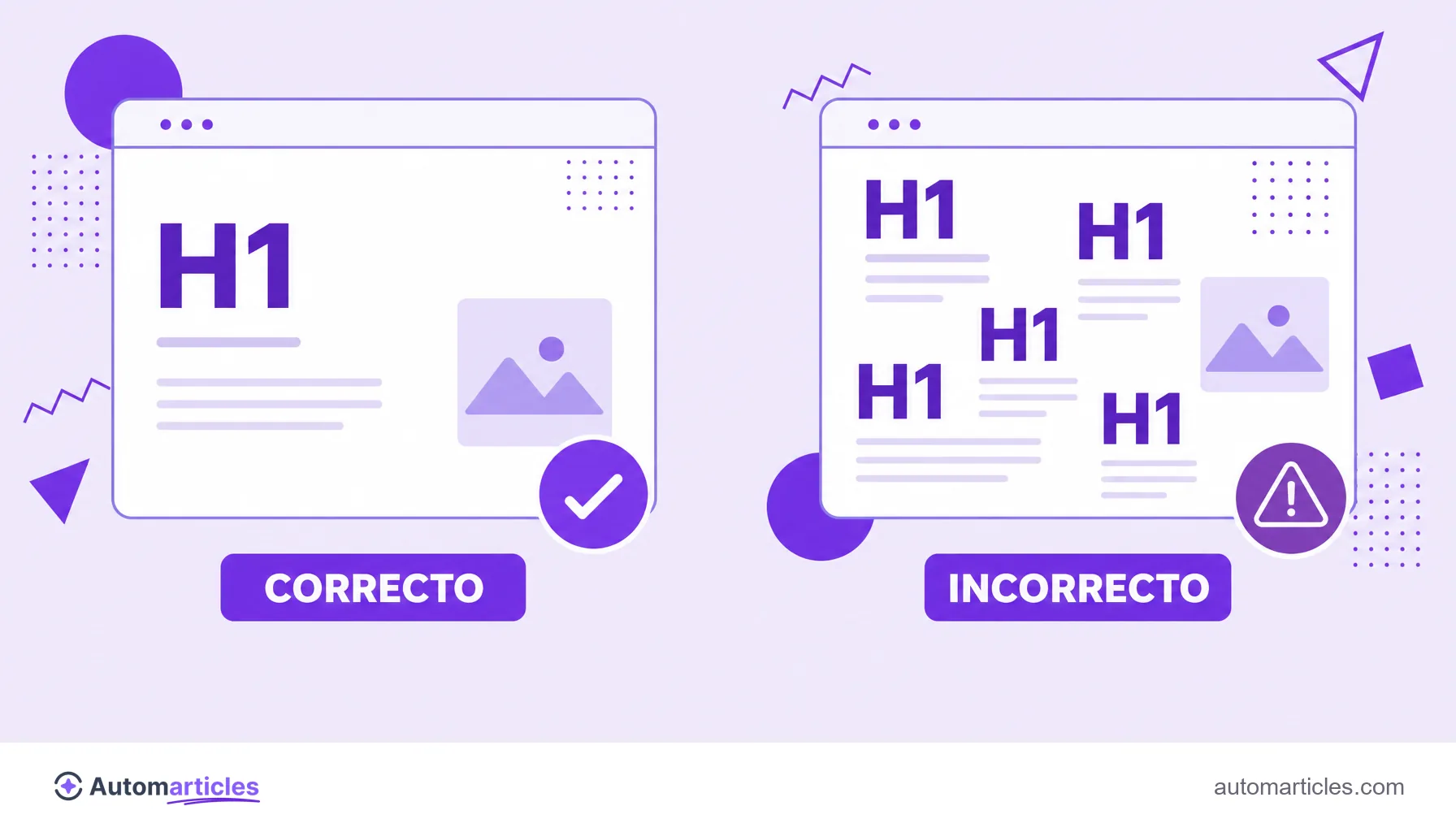 Ilustración que compara una página con un único H1 claro (correcto) y una página con varios H1 repetidos (incorrecto).