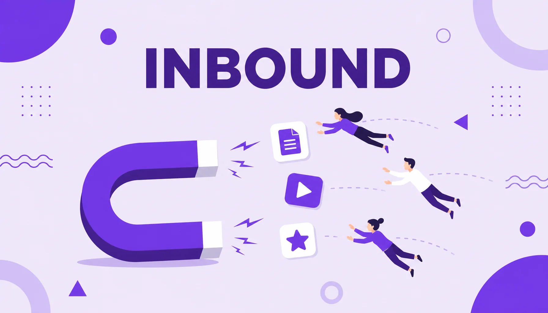 Illustration of a magnet attracting people and content icons, representing inbound marketing.