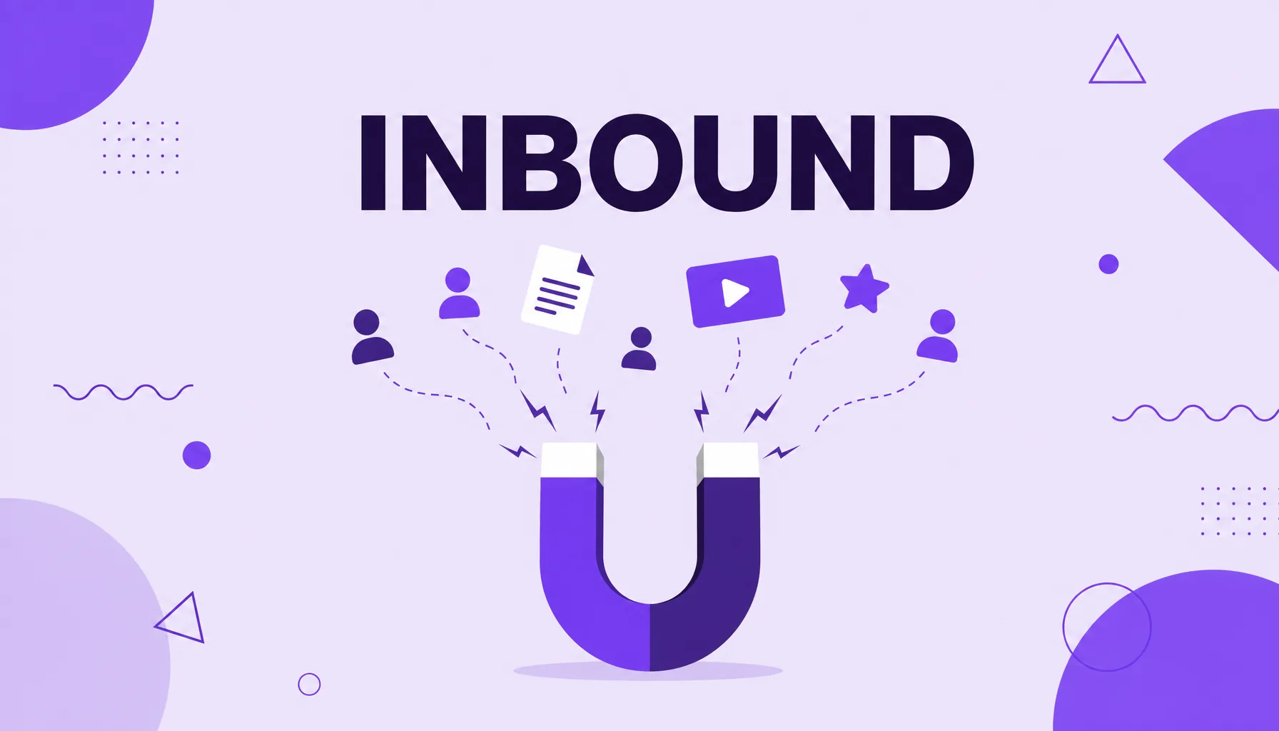 Ilustración de un imán que atrae personas e iconos de contenido, que representa el inbound marketing.