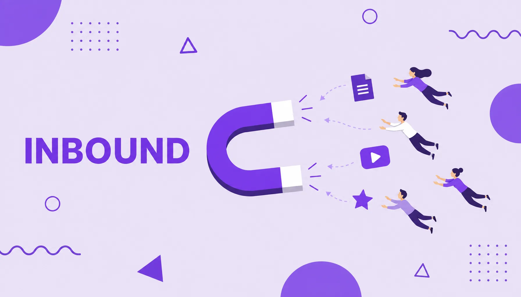 Ilustração de um ímã atraindo pessoas e ícones de conteúdo, representando o inbound marketing.