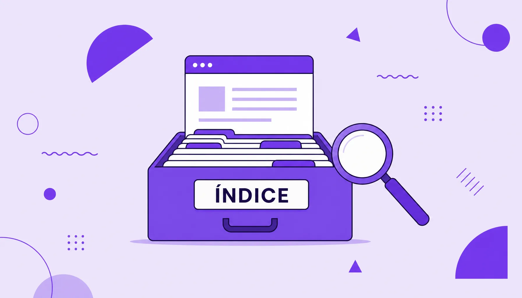 Ilustración de una página web archivándose en una gran base de datos de fichas, con una lupa, que representa la indexación en el buscador.