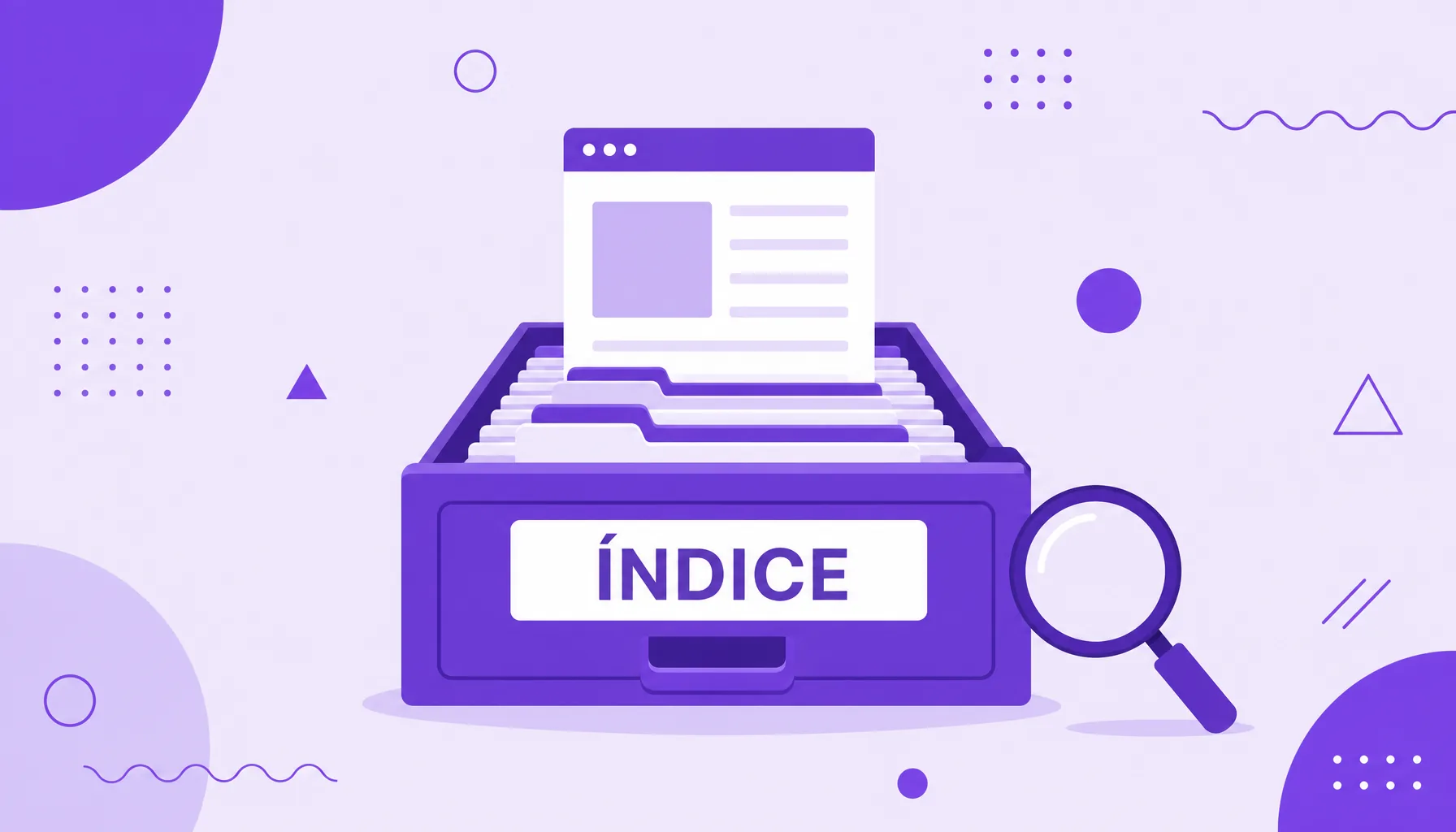 Ilustração de uma página web sendo arquivada em uma grande base de dados de fichas, com uma lupa, representando a indexação no buscador.