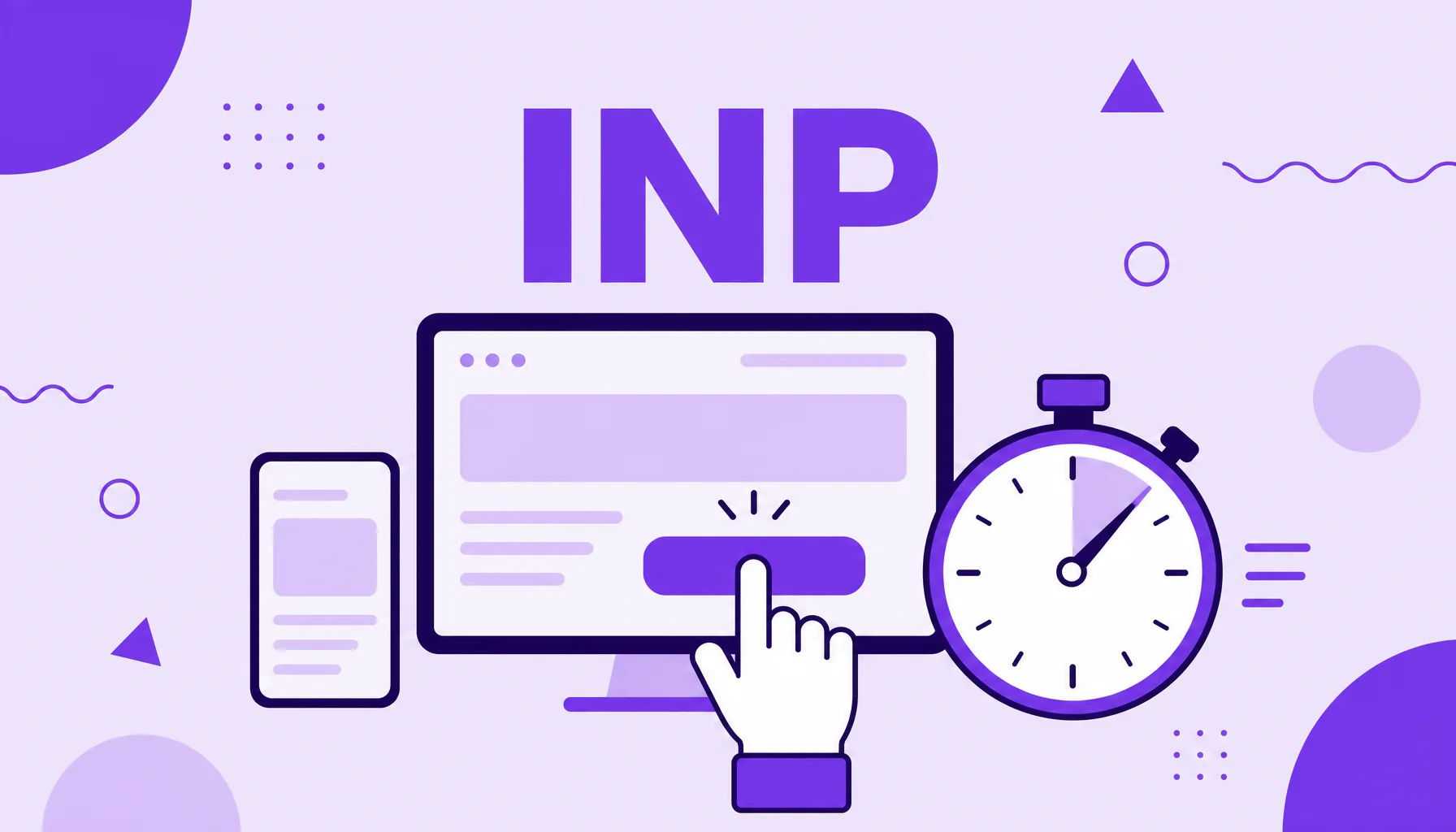 Illustration of a finger tapping a button on the screen next to a stopwatch, representing the responsiveness measured by INP.