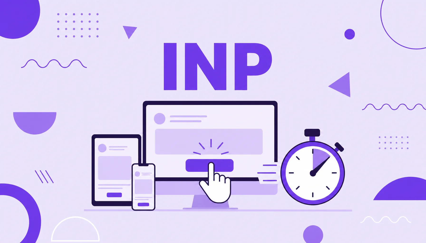 Ilustração de um dedo tocando um botão na tela ao lado de um cronômetro, representando a responsividade medida pelo INP.