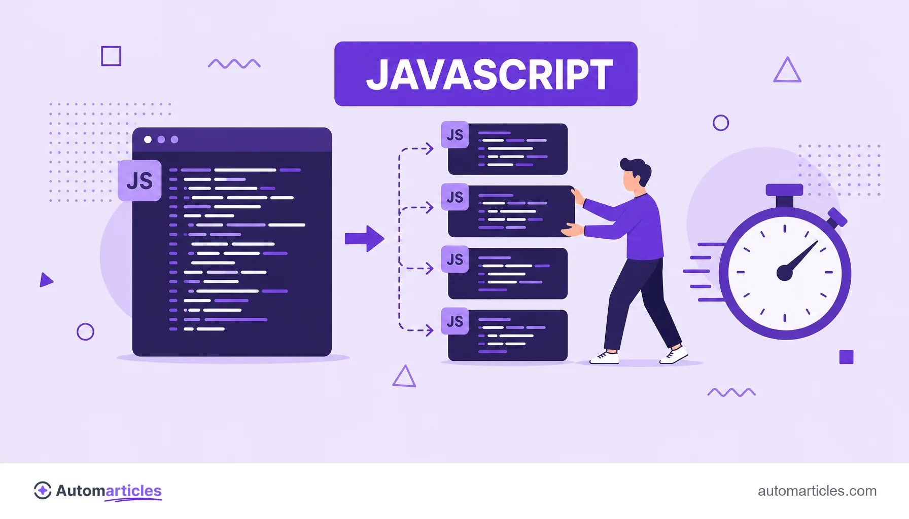 Ilustração de um bloco grande de JavaScript sendo dividido em blocos menores para melhorar a responsividade da página.