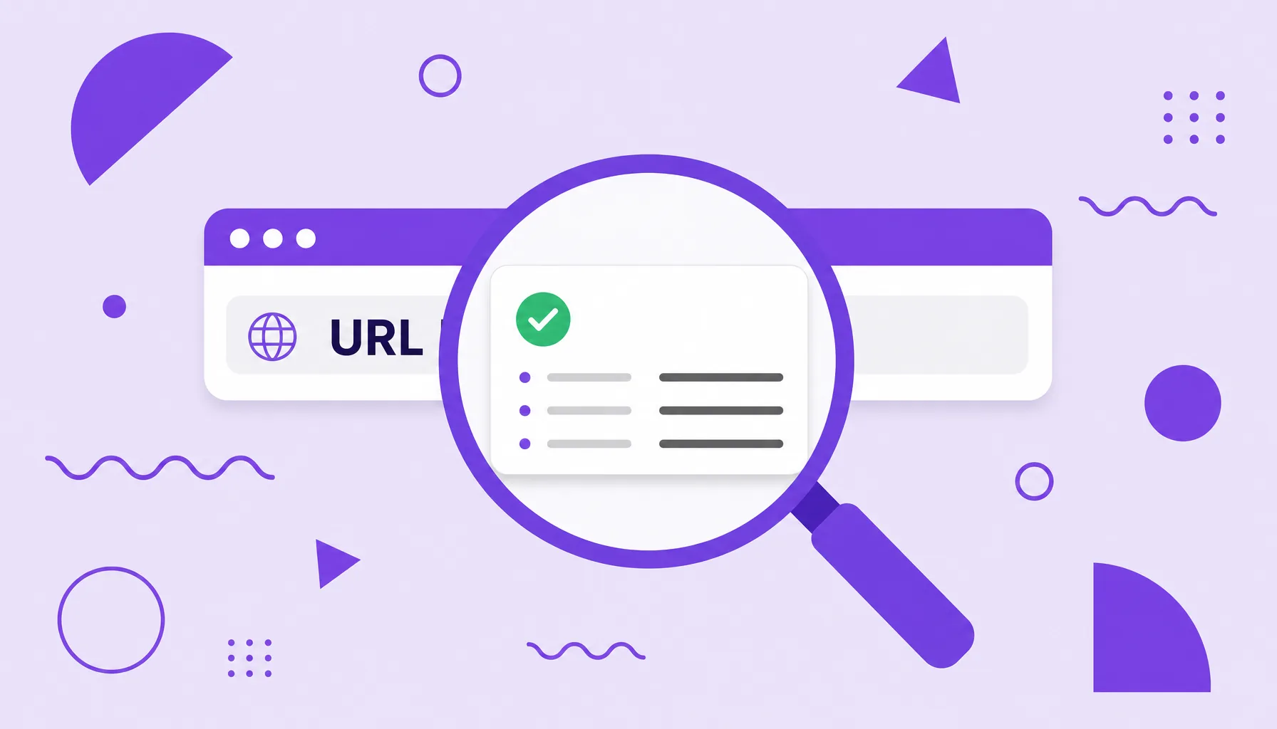 Illustration of a magnifying glass over an address bar showing an indexing status card, representing URL inspection.